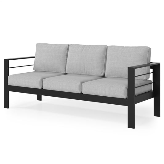 Modern gray upholstered outdoor sofa with black metal frame