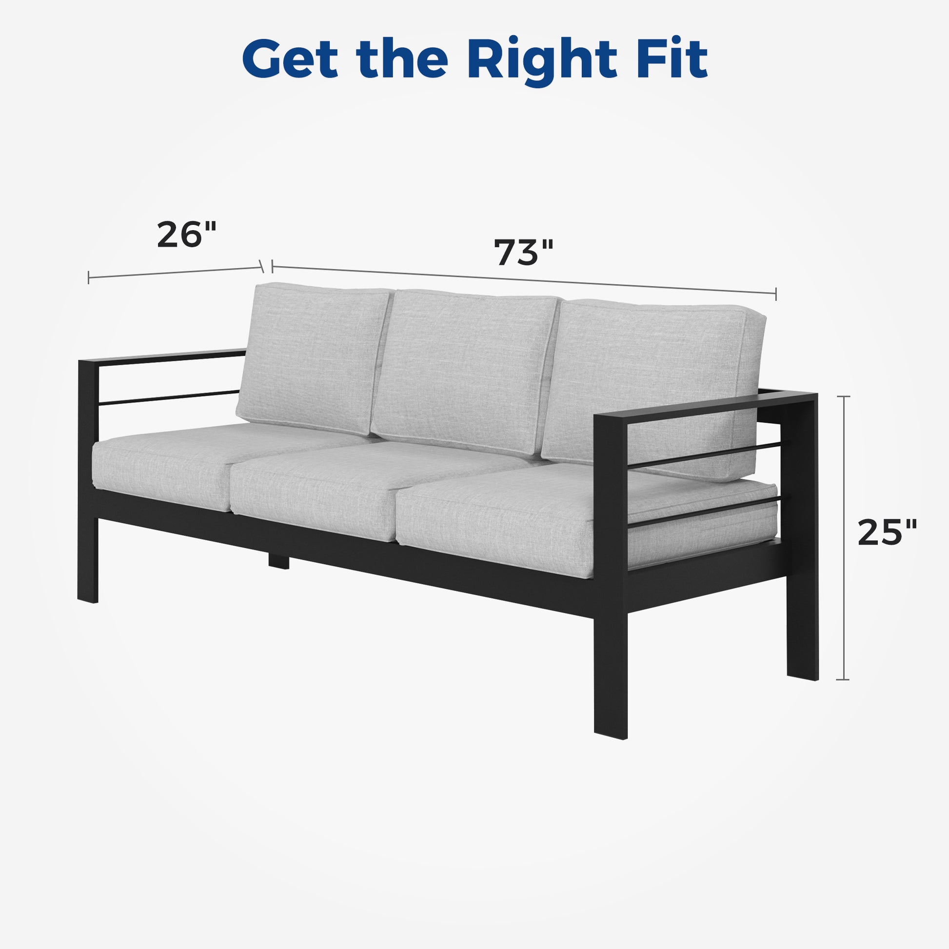 Gray upholstered outdoor sofa with black metal frame  length