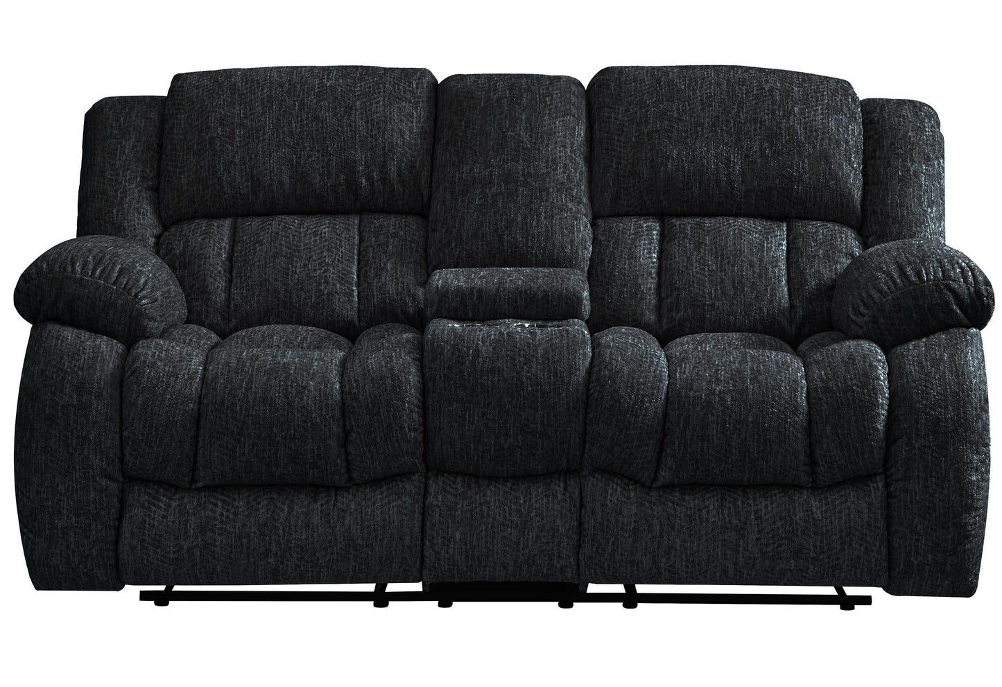 Dark grey fabric loveseat recliner with plush cushions and a central console for ultimate comfort