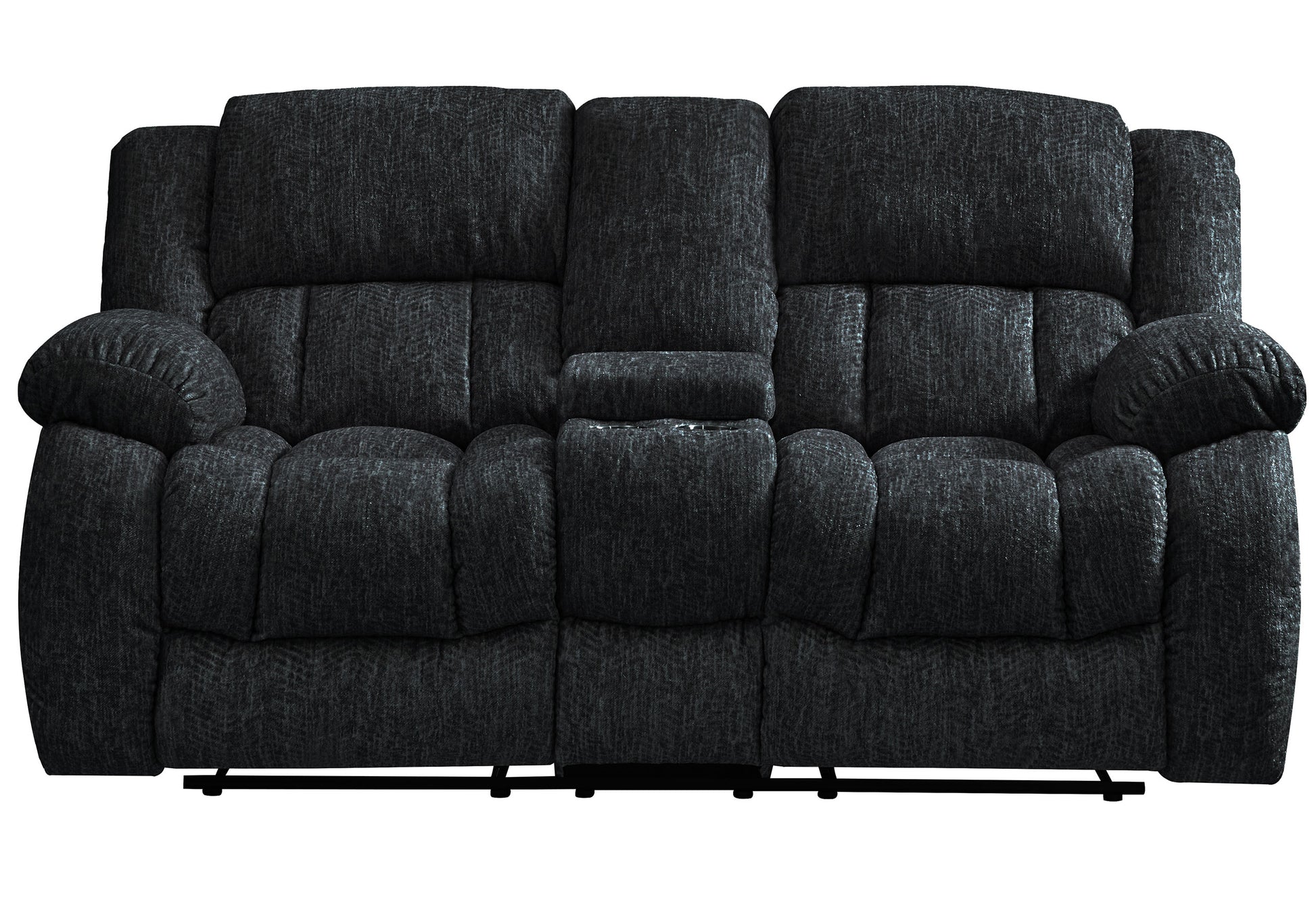 Dark grey fabric loveseat recliner with plush cushions and a central console for ultimate comfort
