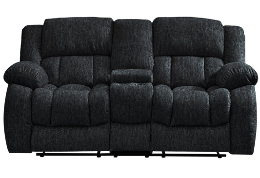 Dark grey fabric loveseat recliner with plush cushions and a central console for ultimate comfort