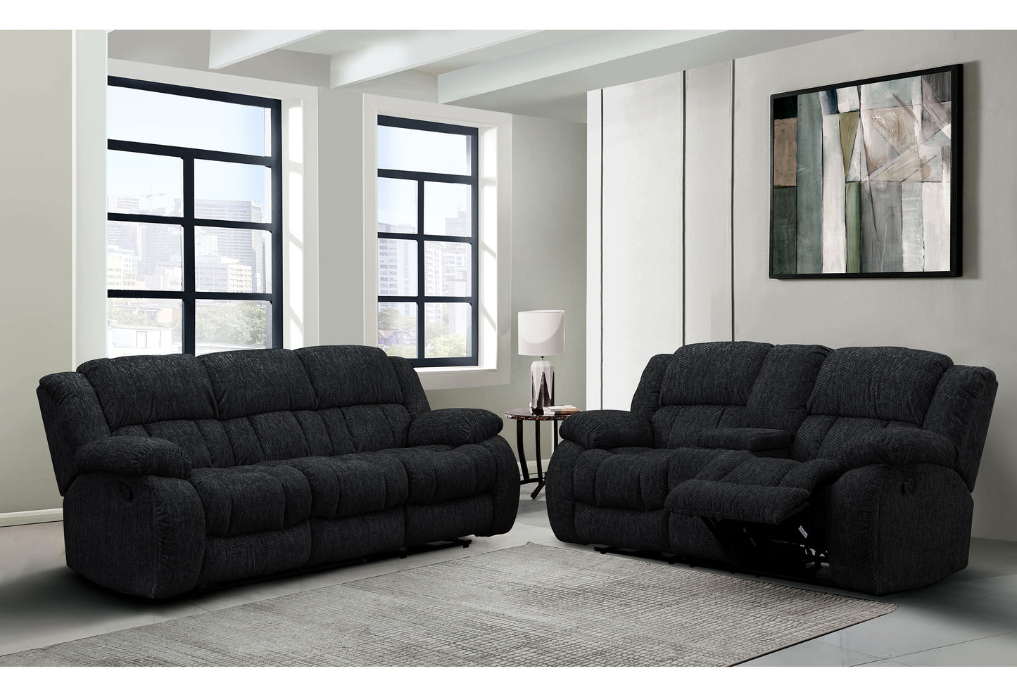 Dark charcoal recliner sofa set with plush cushioning and textured fabric perfect for living room comfort