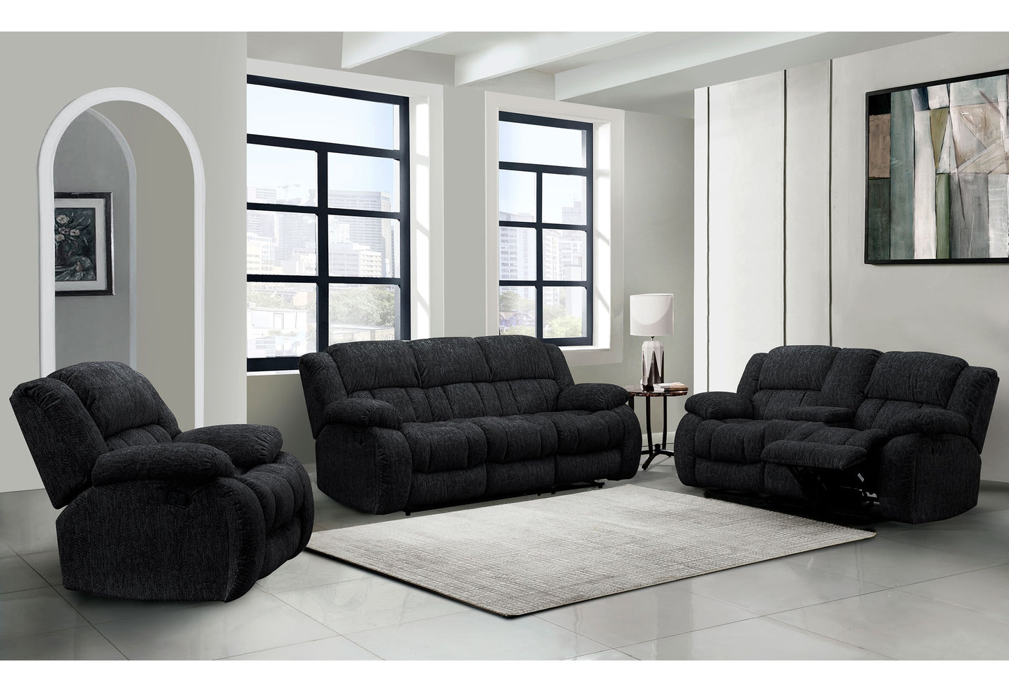 Dark grey recliner chair with plush cushioning perfect for a cozy living room
