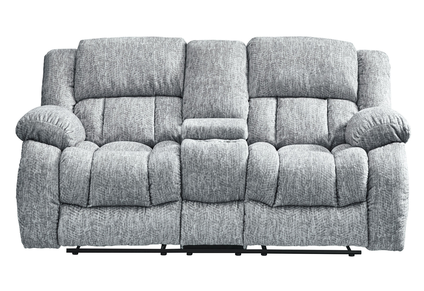 Plush grey fabric loveseat recliner with padded arms and central console