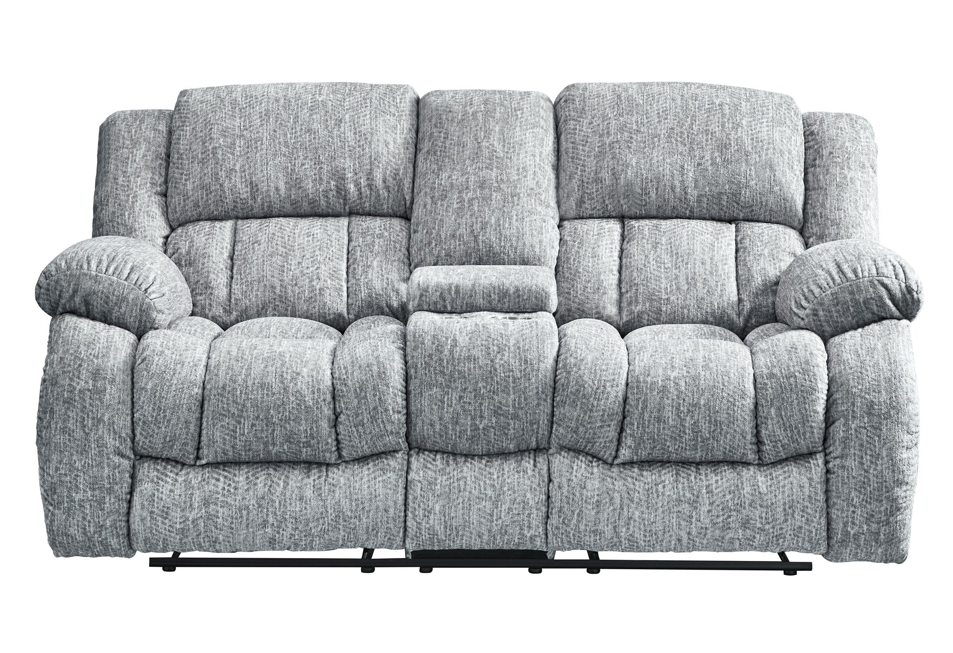 Plush grey fabric loveseat recliner with padded arms and central console