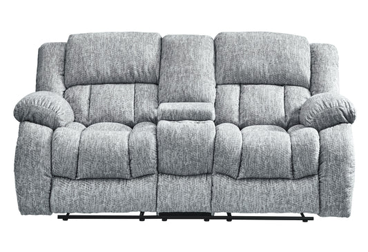Plush grey fabric loveseat recliner with padded arms and central console
