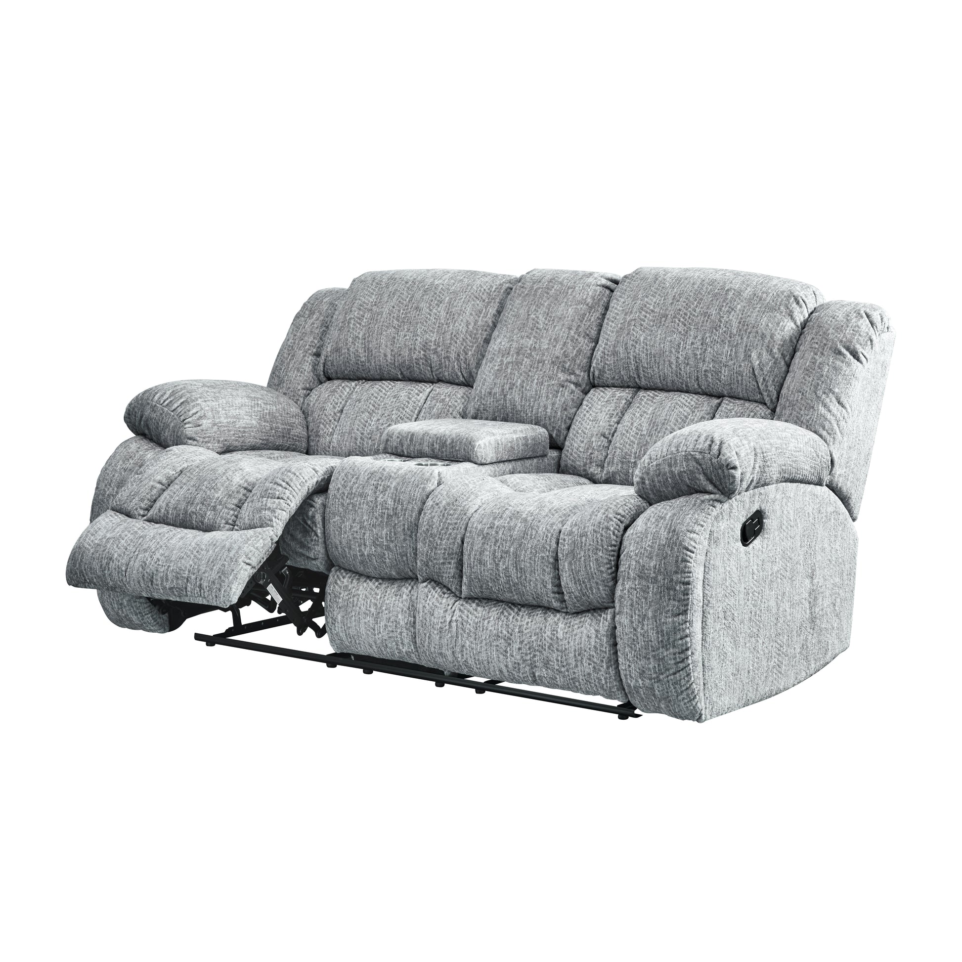 Gray fabric reclining loveseat with plush cushions and a center console with cup holders