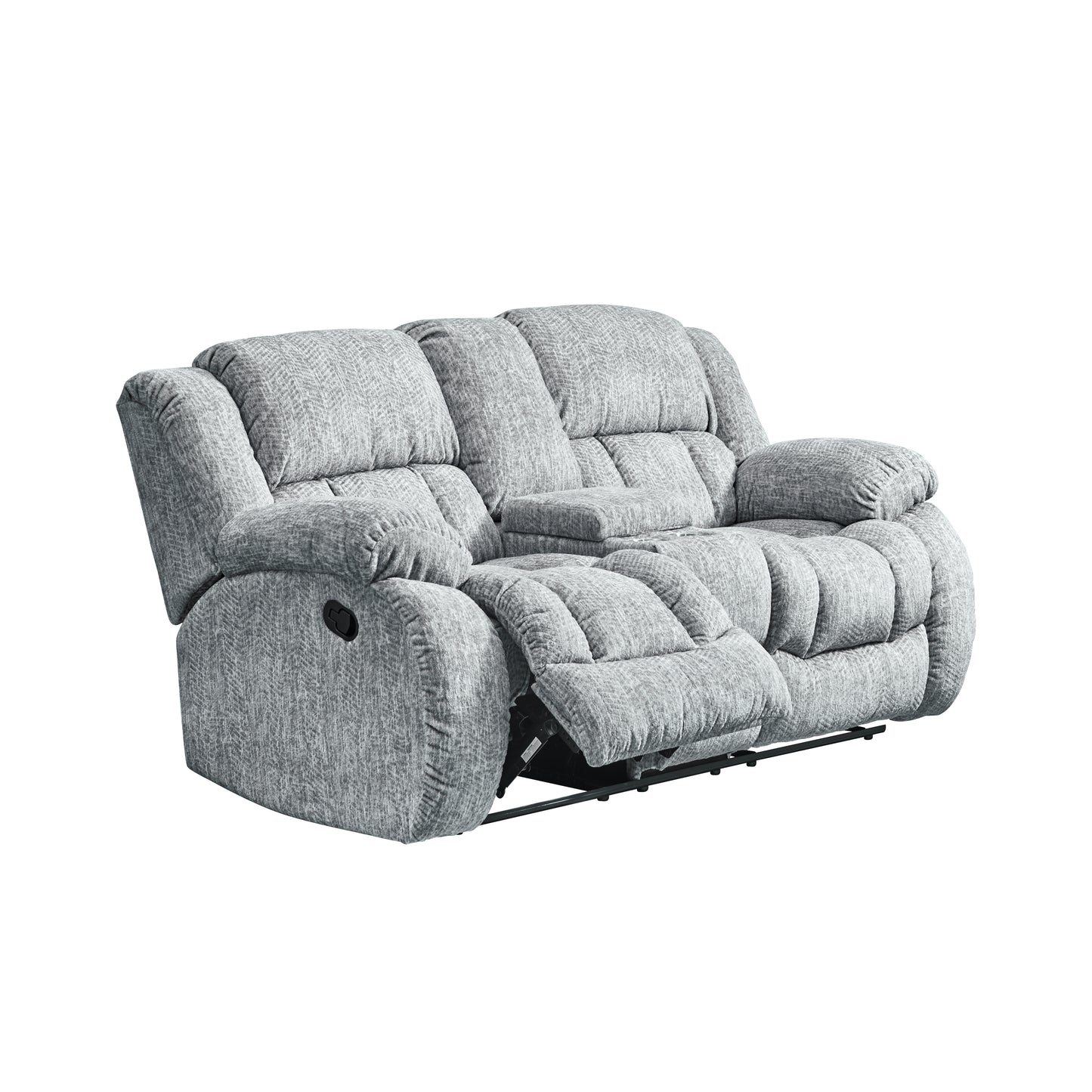 Gray fabric loveseat recliner with plush cushions and center console