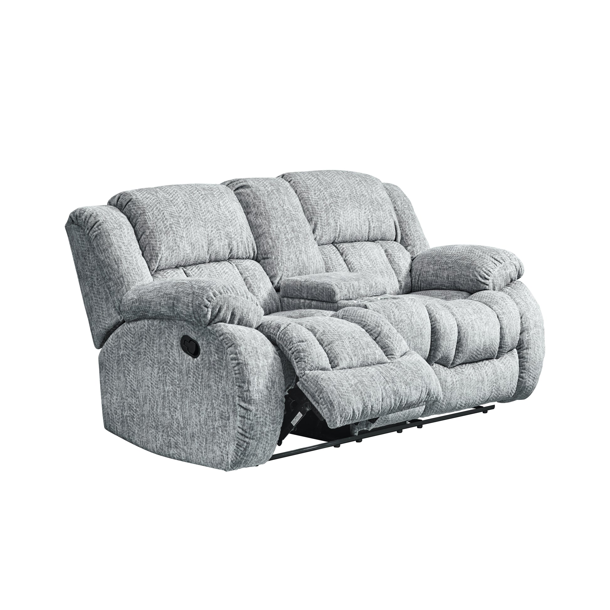 Gray fabric loveseat recliner with plush cushions and center console