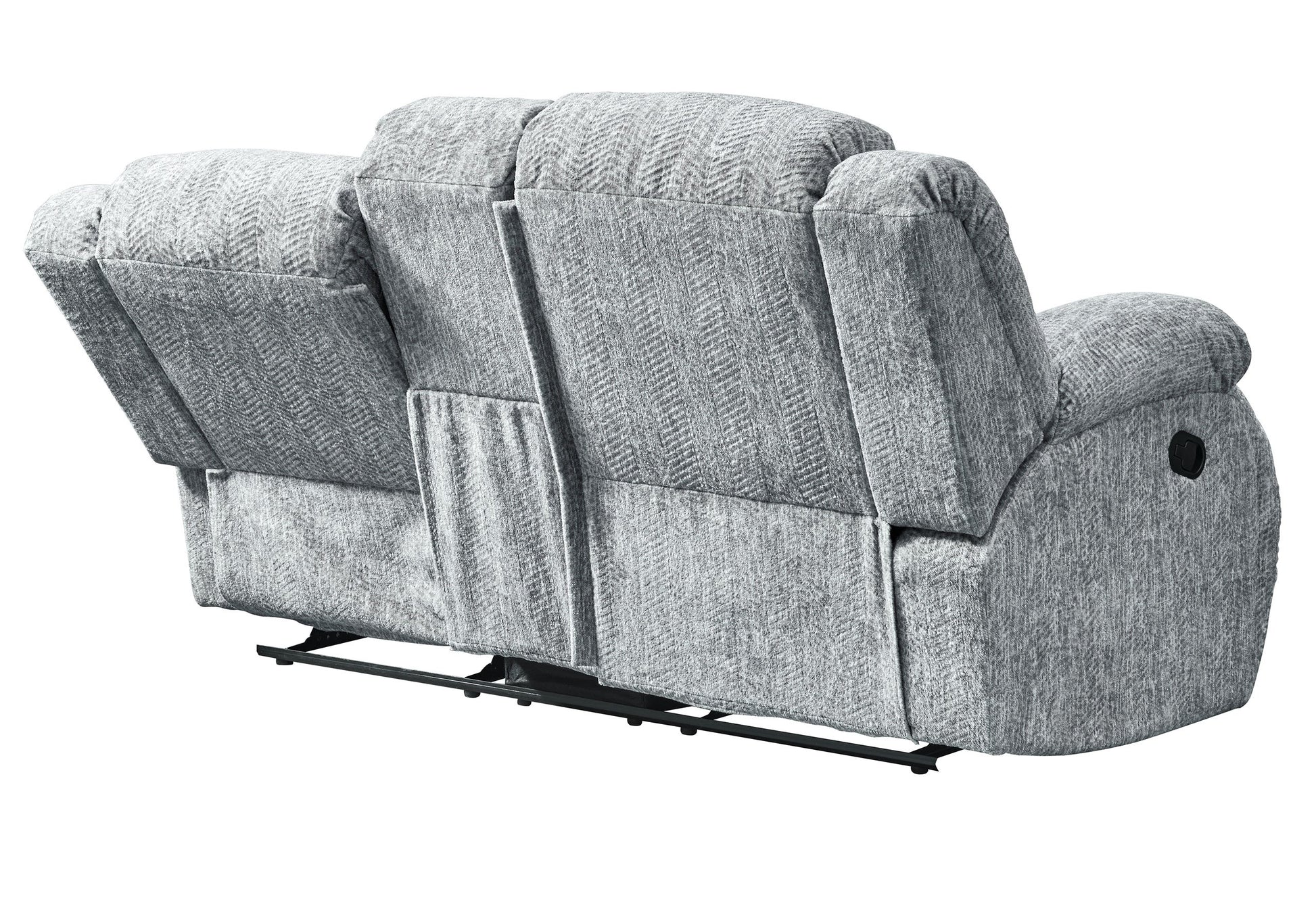 Back view of a grey fabric recliner sofa with a herringbone pattern featuring exposed metal reclining mechanism