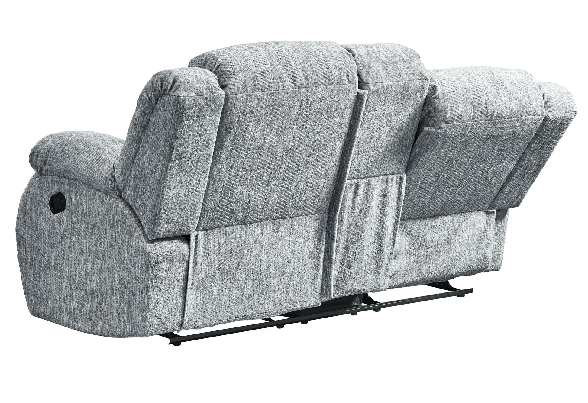 Gray upholstered recliner sofa with herringbone pattern fabric