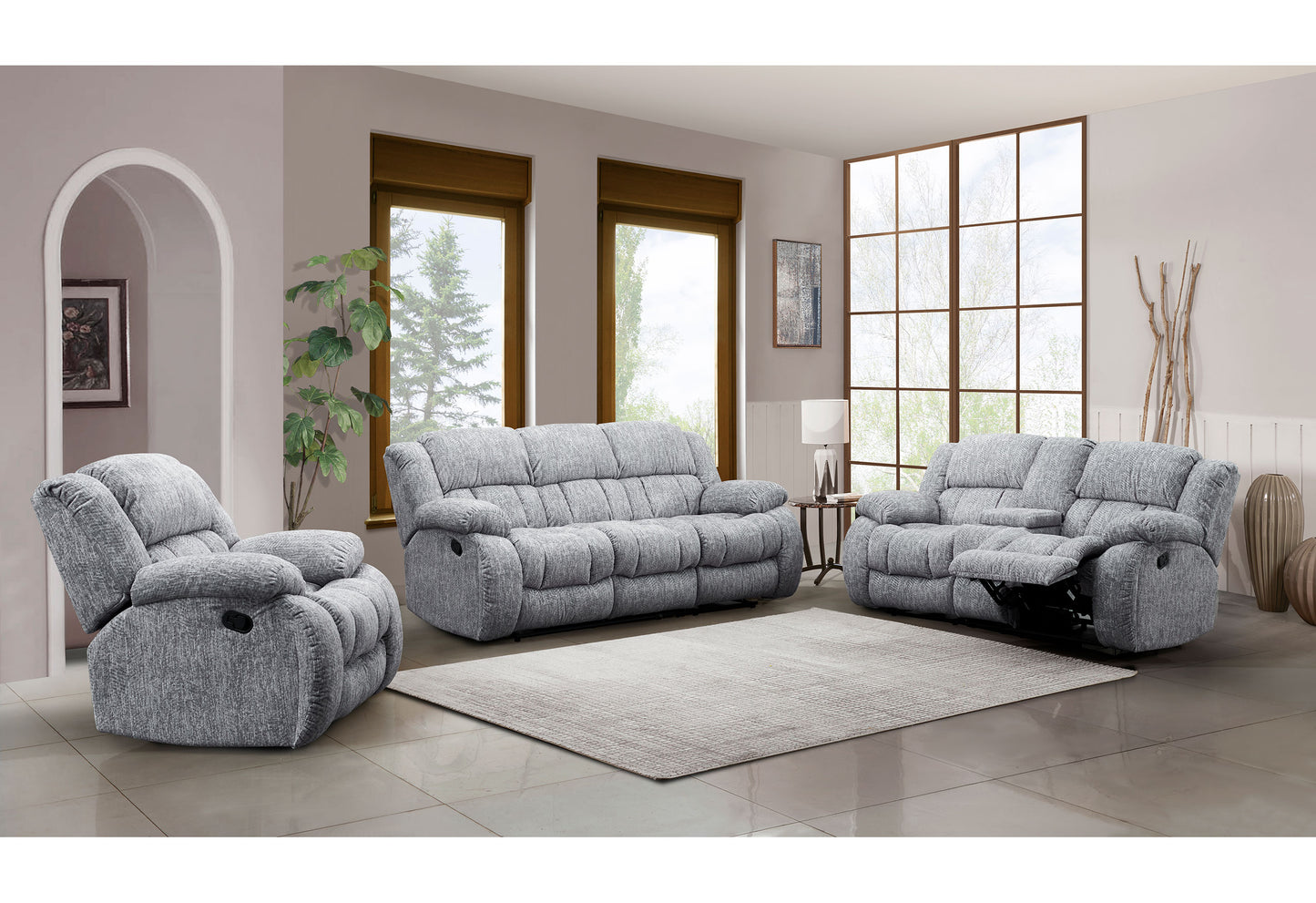 Gray fabric recliner sofa with plush cushions and reclining footrest for ultimate comfort