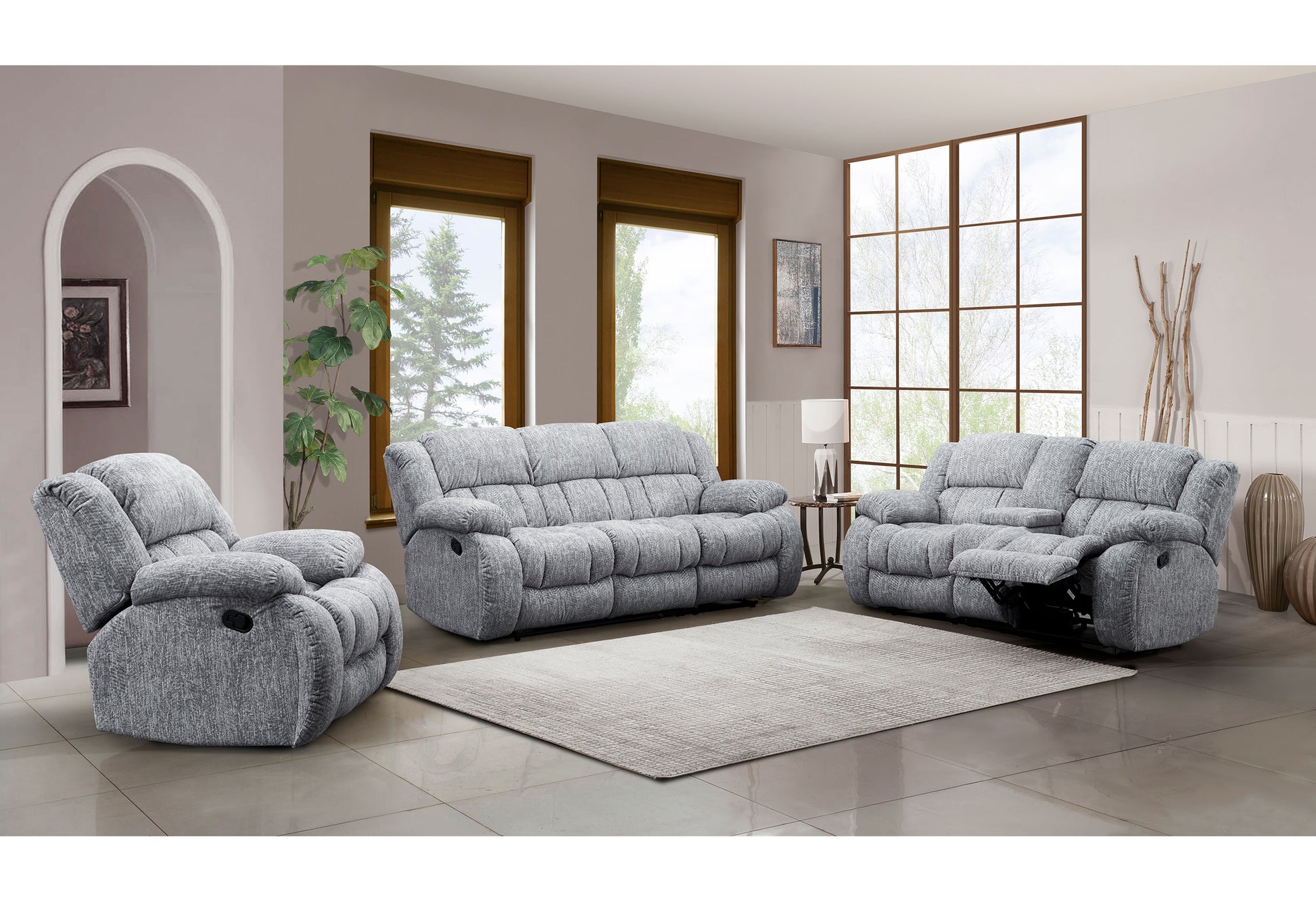 Gray fabric recliner sofa with plush cushions and reclining footrest for ultimate comfort