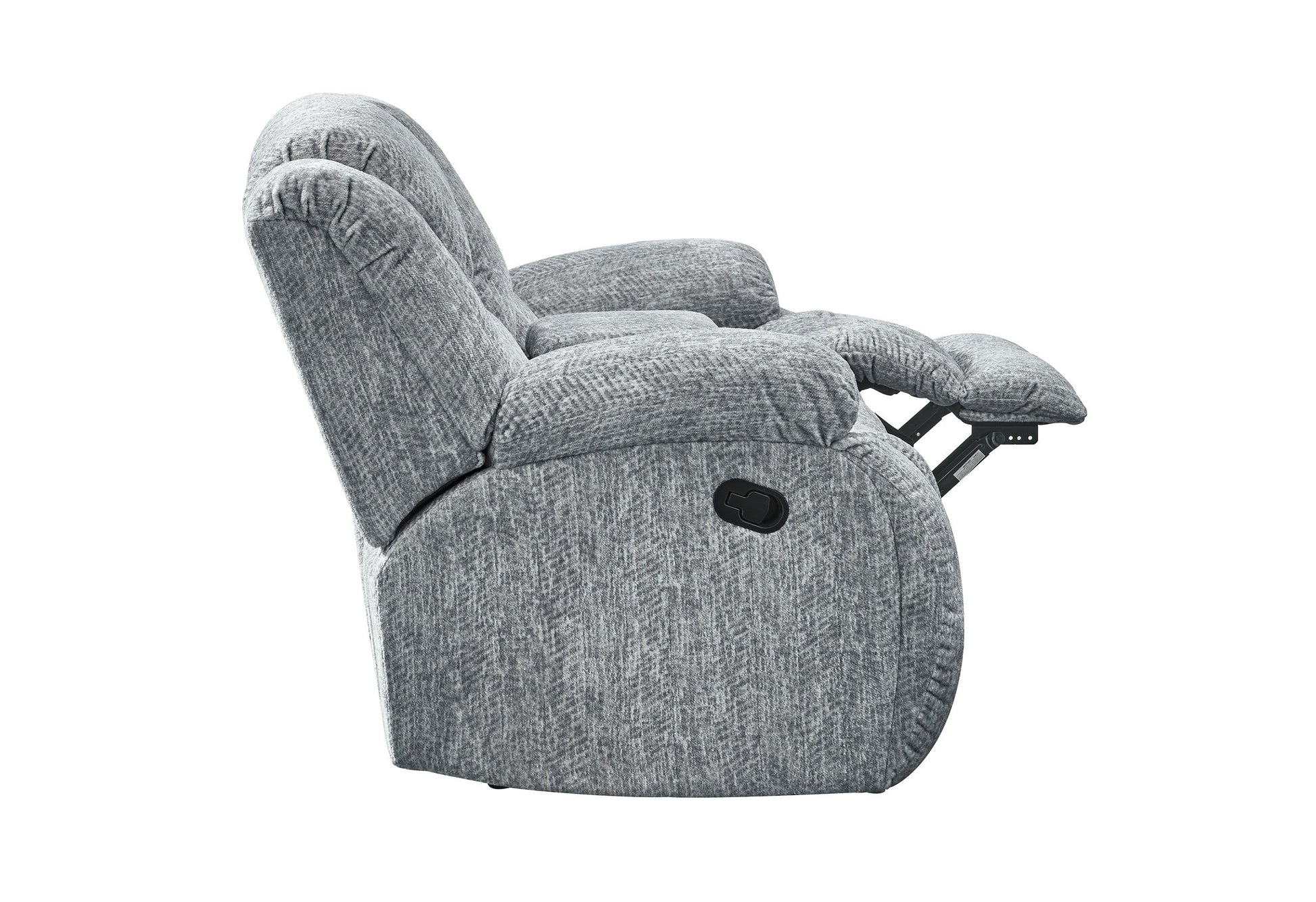Gray fabric recliner chair with plush cushions and a lever for reclining