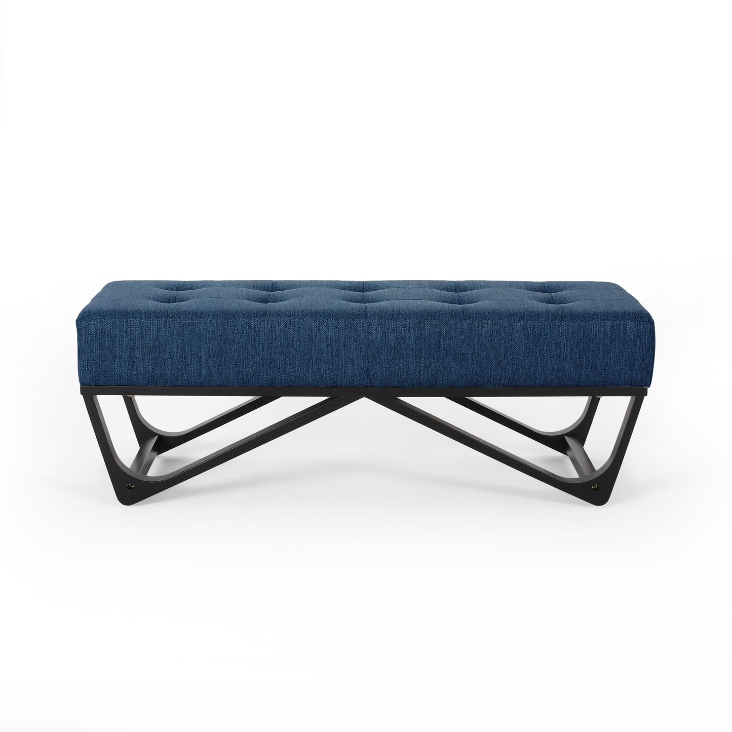 Tufted navy fabric ottoman with striking black metal legs