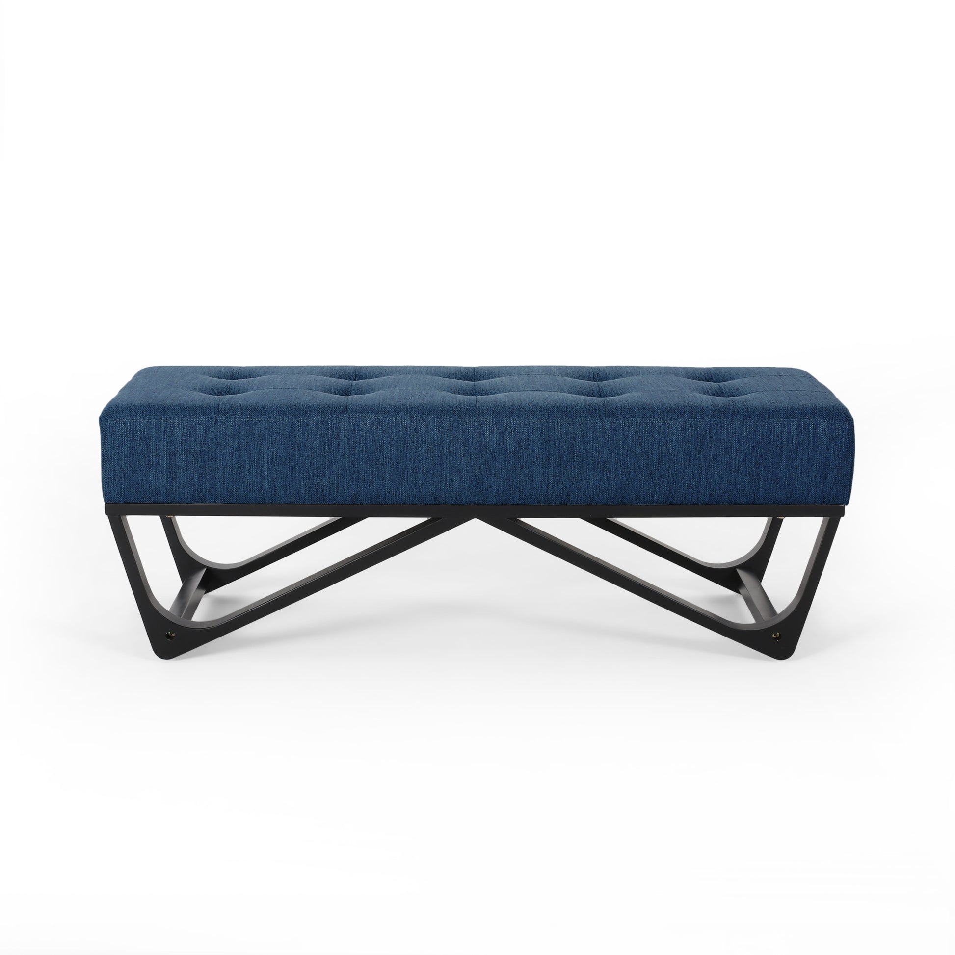 Tufted navy fabric ottoman with striking black metal legs