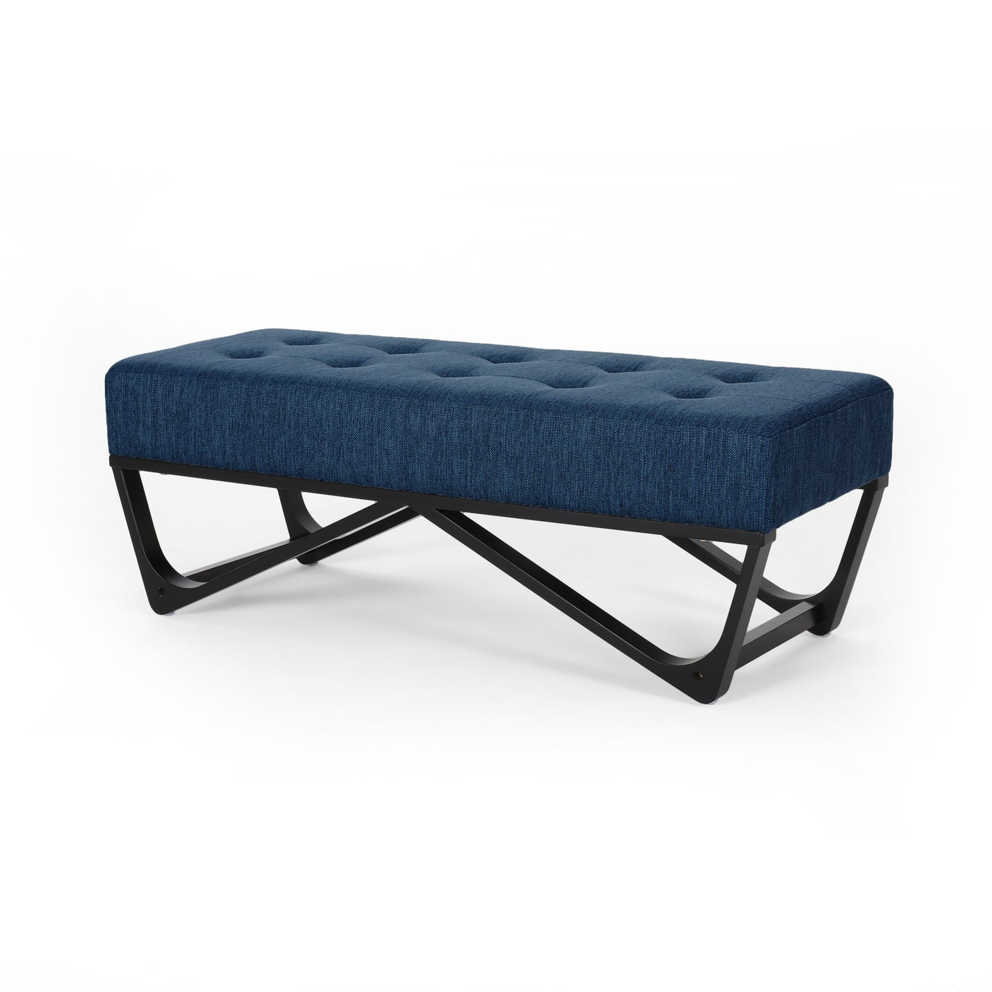 Tufted navy blue fabric bench with sleek black metal frame and legs