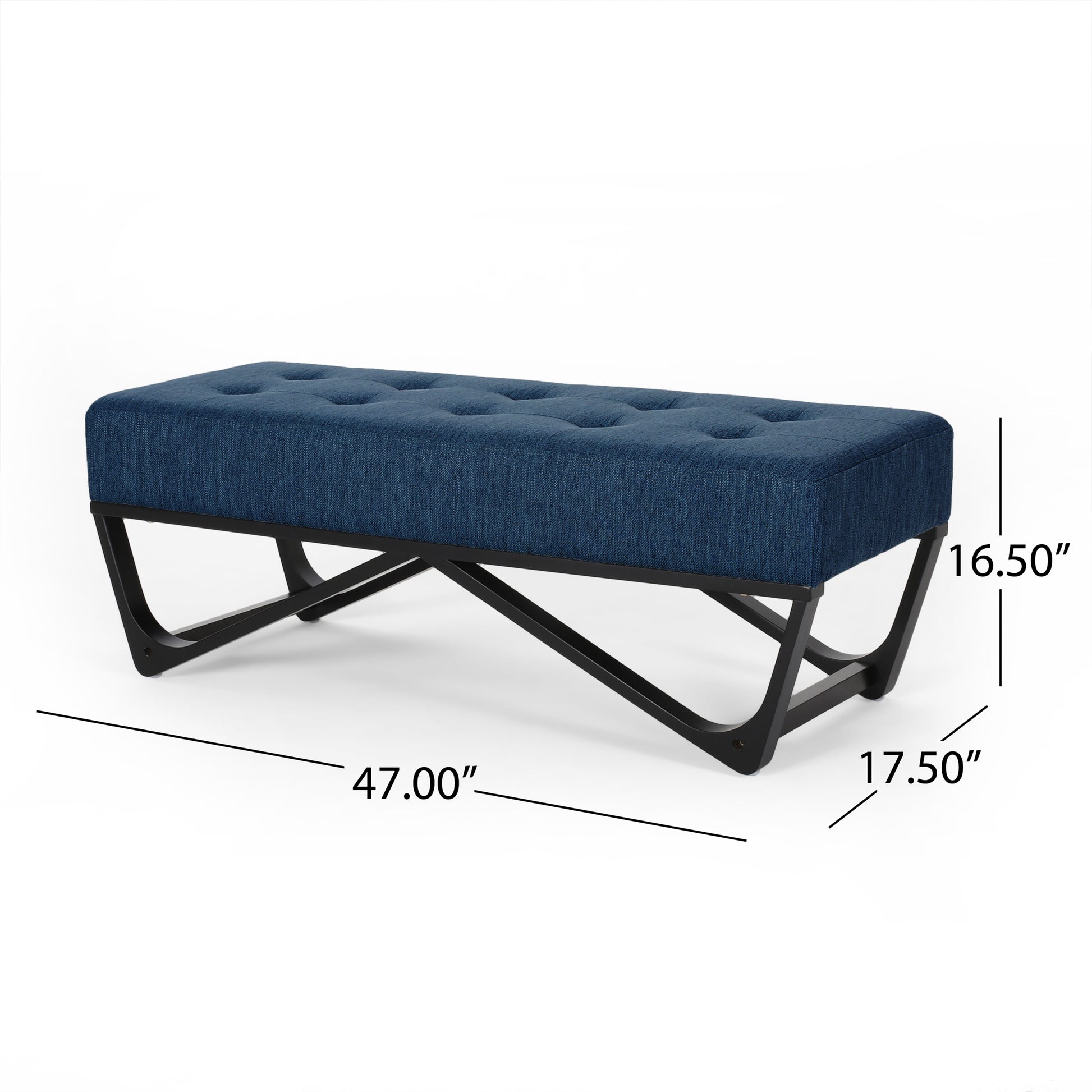 Tufted navy fabric bench with a modern black metal frame