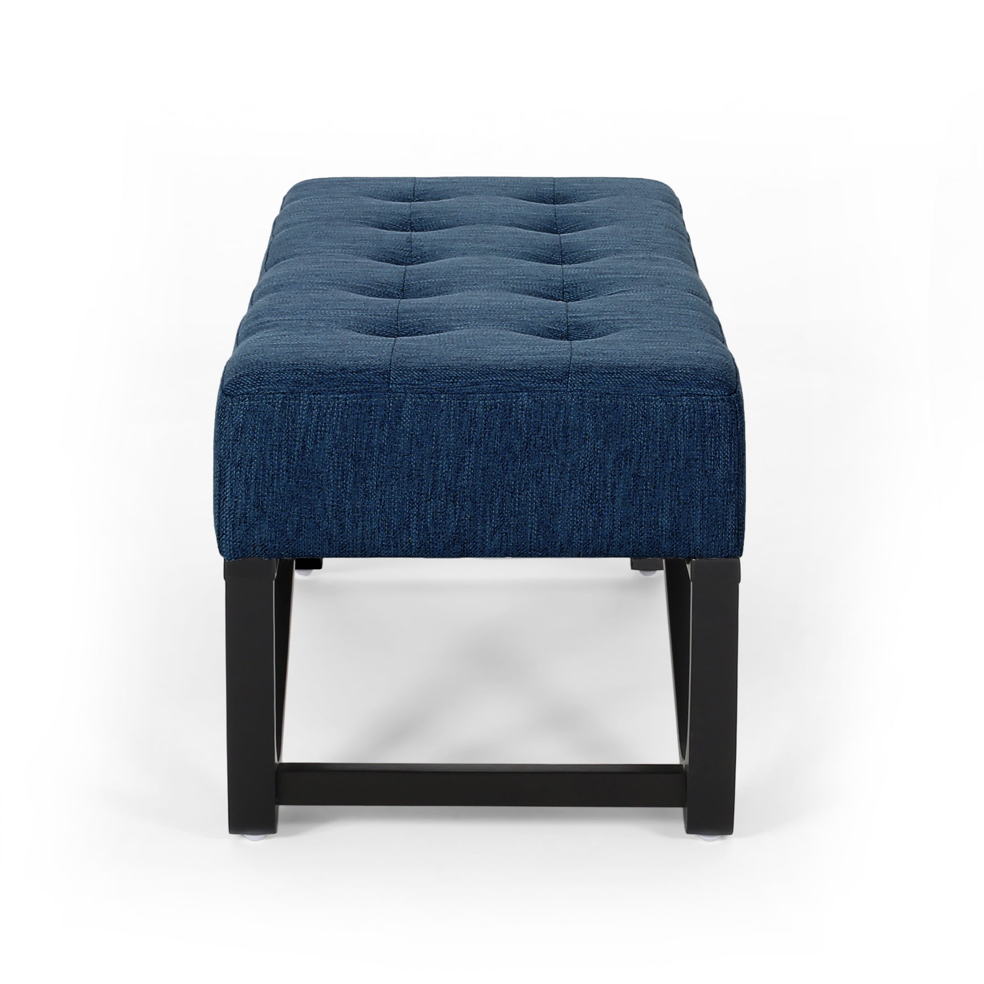 Tufted navy blue fabric storage bench with black legs