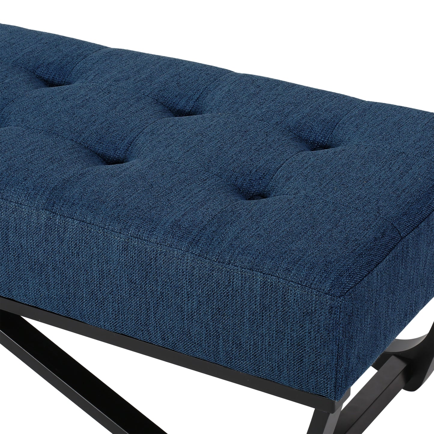 Deep blue tufted fabric bench with black metal legs