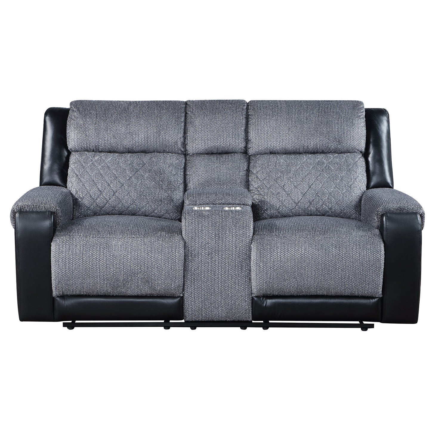 Gray upholstered recliner sofa with black leather accents and diamond stitching featuring a center console