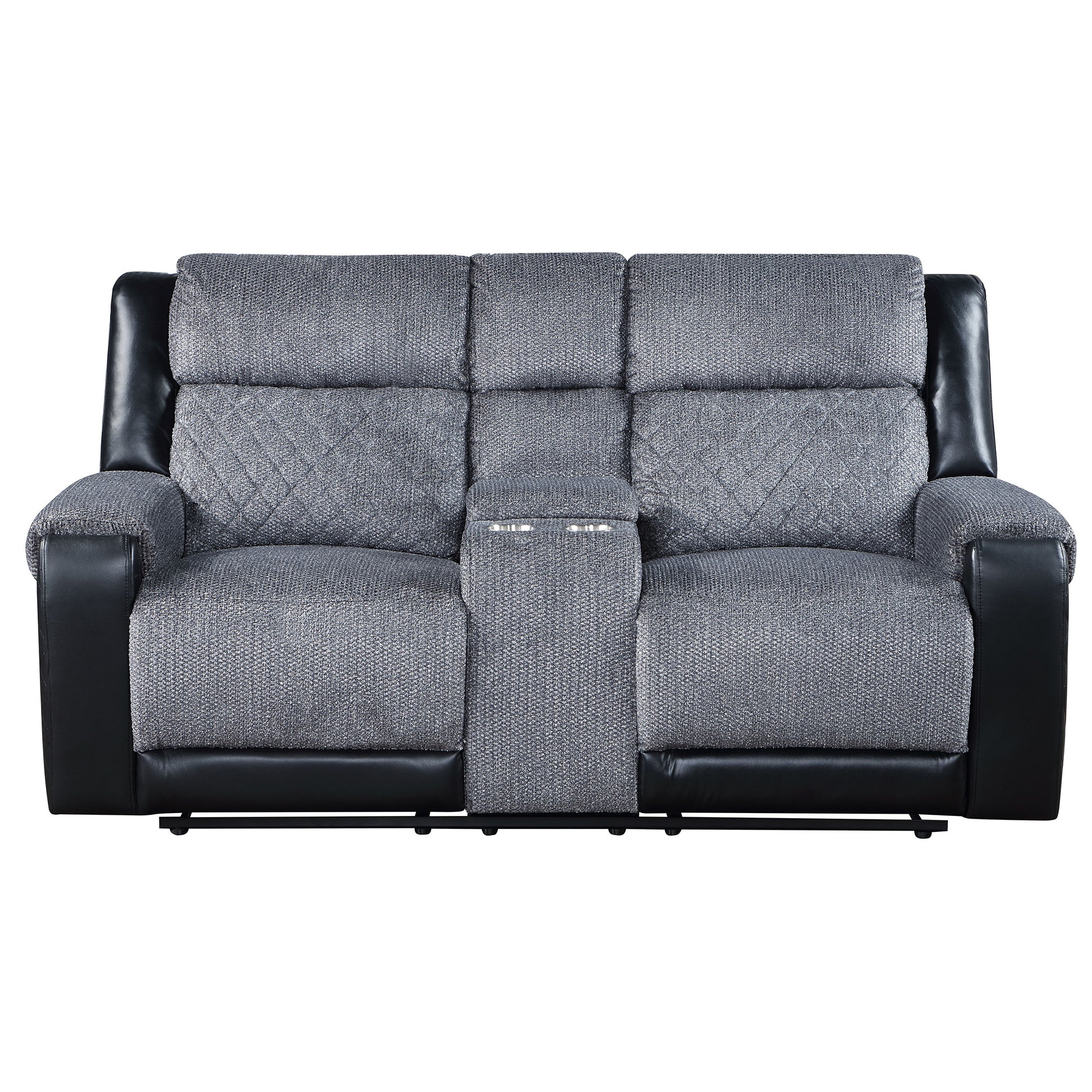 Gray upholstered recliner sofa with black leather accents and diamond stitching featuring a center console