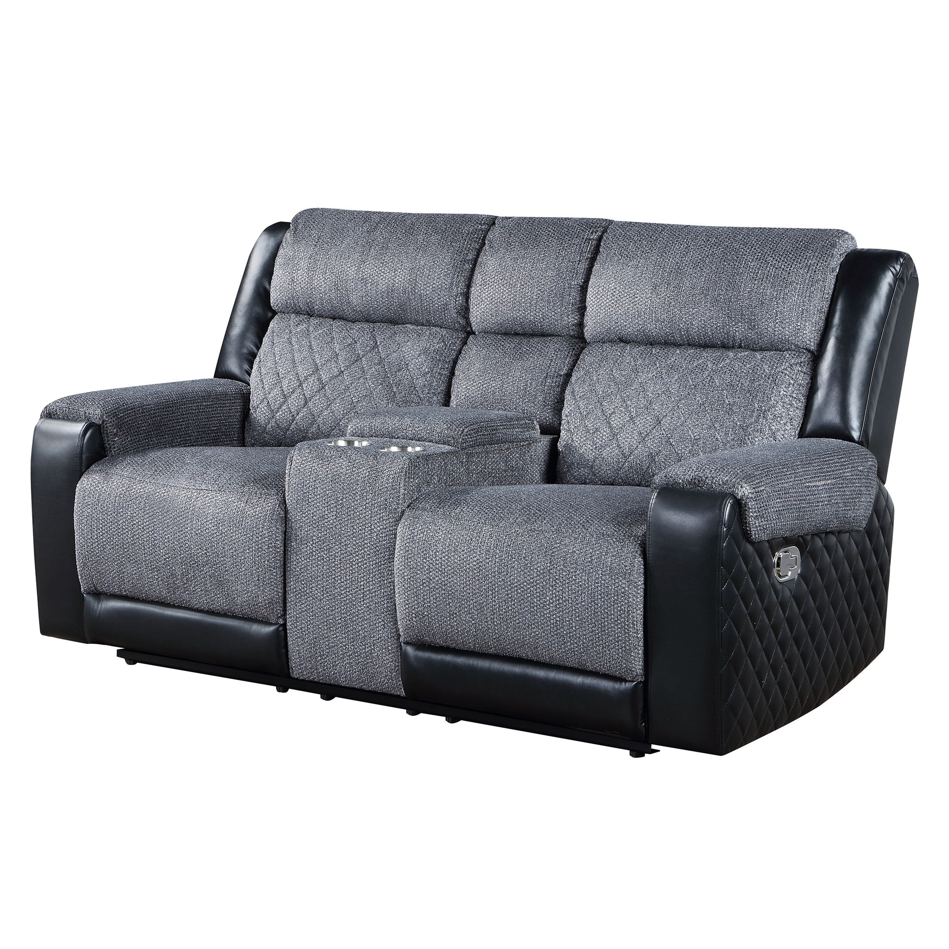 Twoseater grey fabric recliner sofa with black leather accents and a central console with cup holders