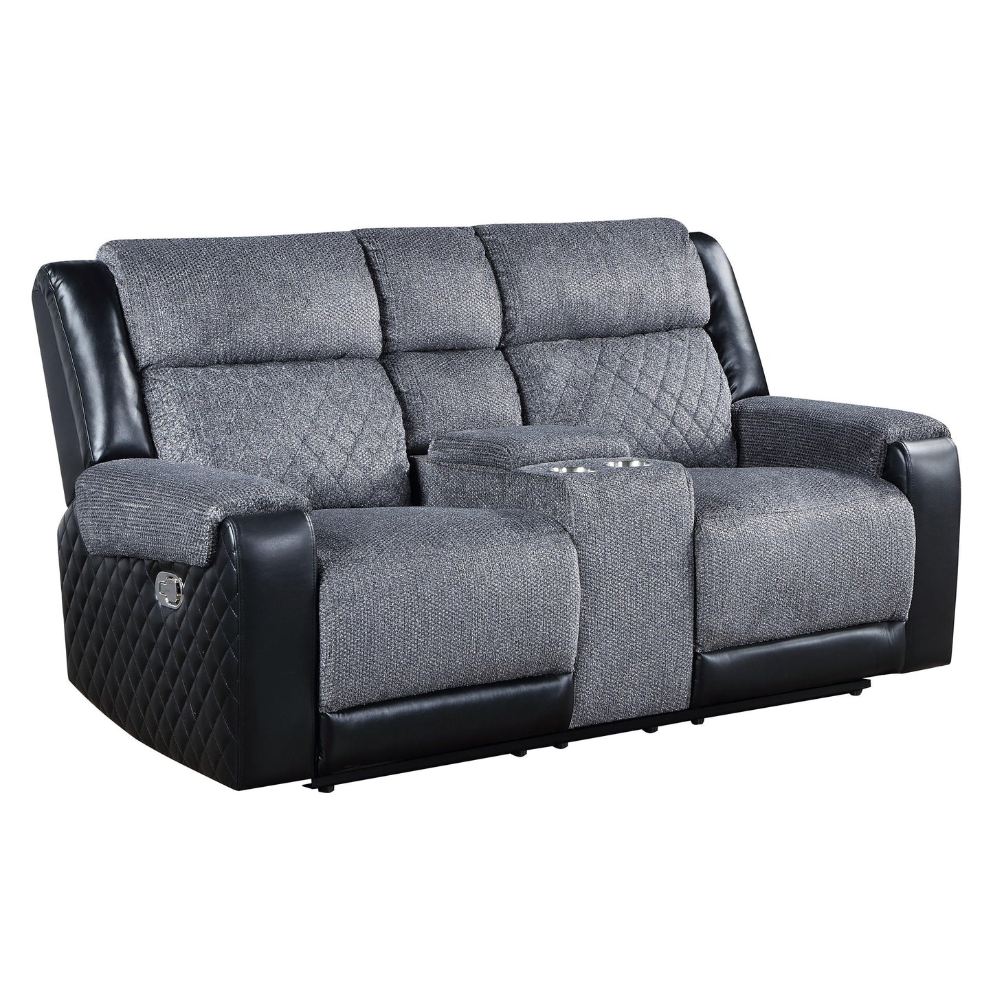 Gray fabric loveseat recliner with black leather accents and dual cup holders