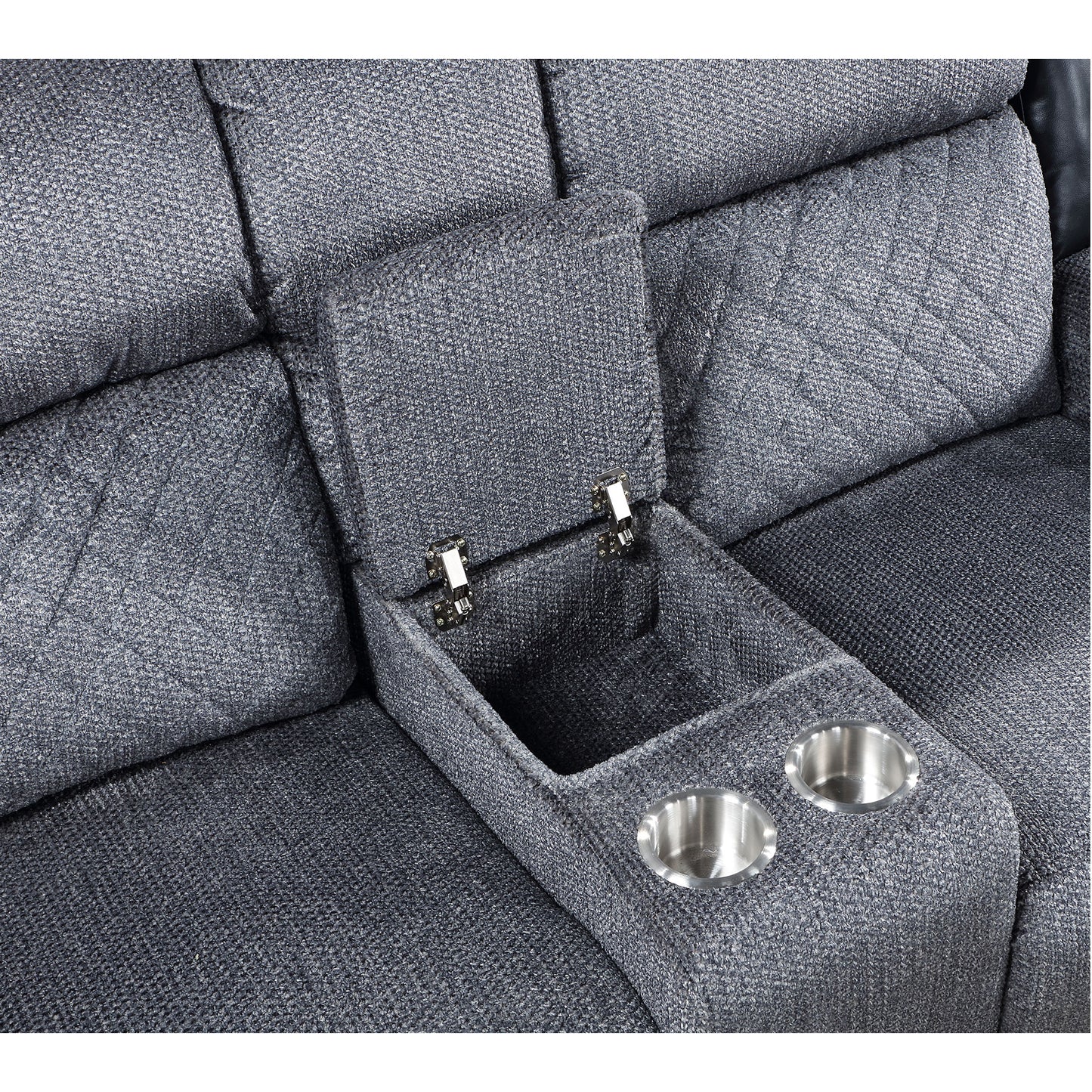 Dark grey fabric reclining sofa armrest with hidden storage compartment and two cup holders