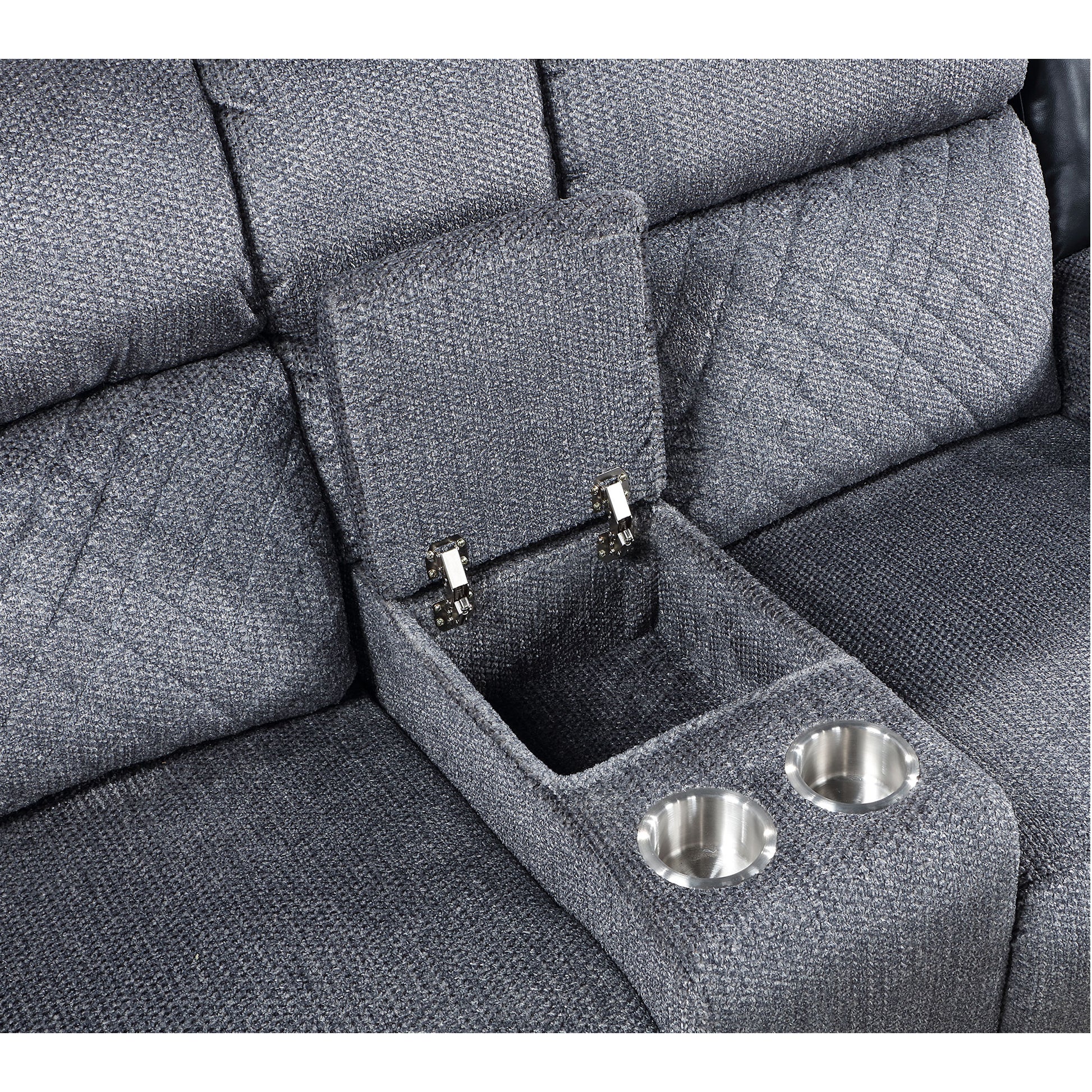 Dark grey fabric reclining sofa armrest with hidden storage compartment and two cup holders