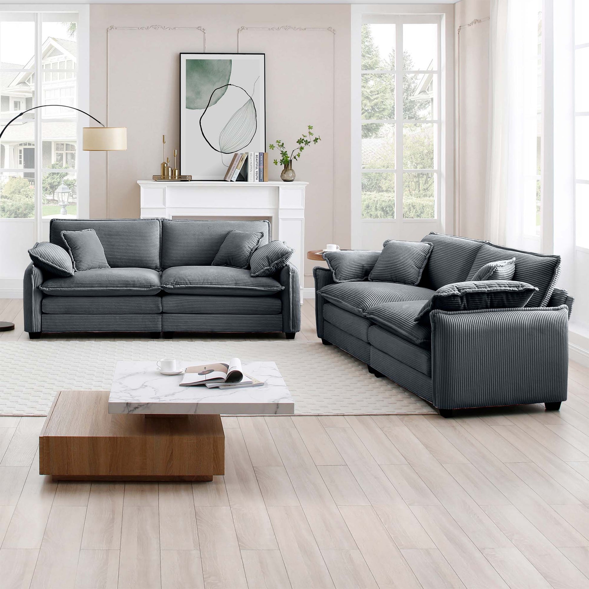Plush grey corduroy sectional sofa with deep cushions and accent pillows