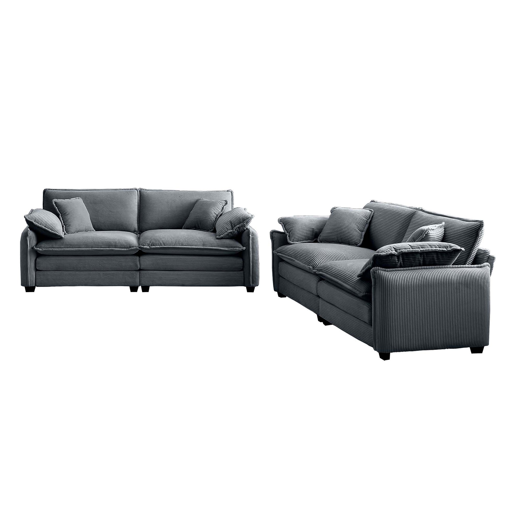 Dark grey corduroy sectional sofa with plush cushions and matching throw pillows