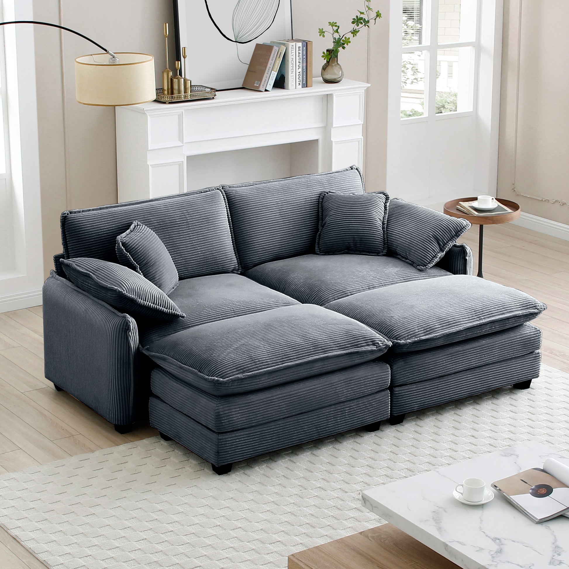 Plush grey corduroy sectional sofa with deep cushions ideal for a modern living room