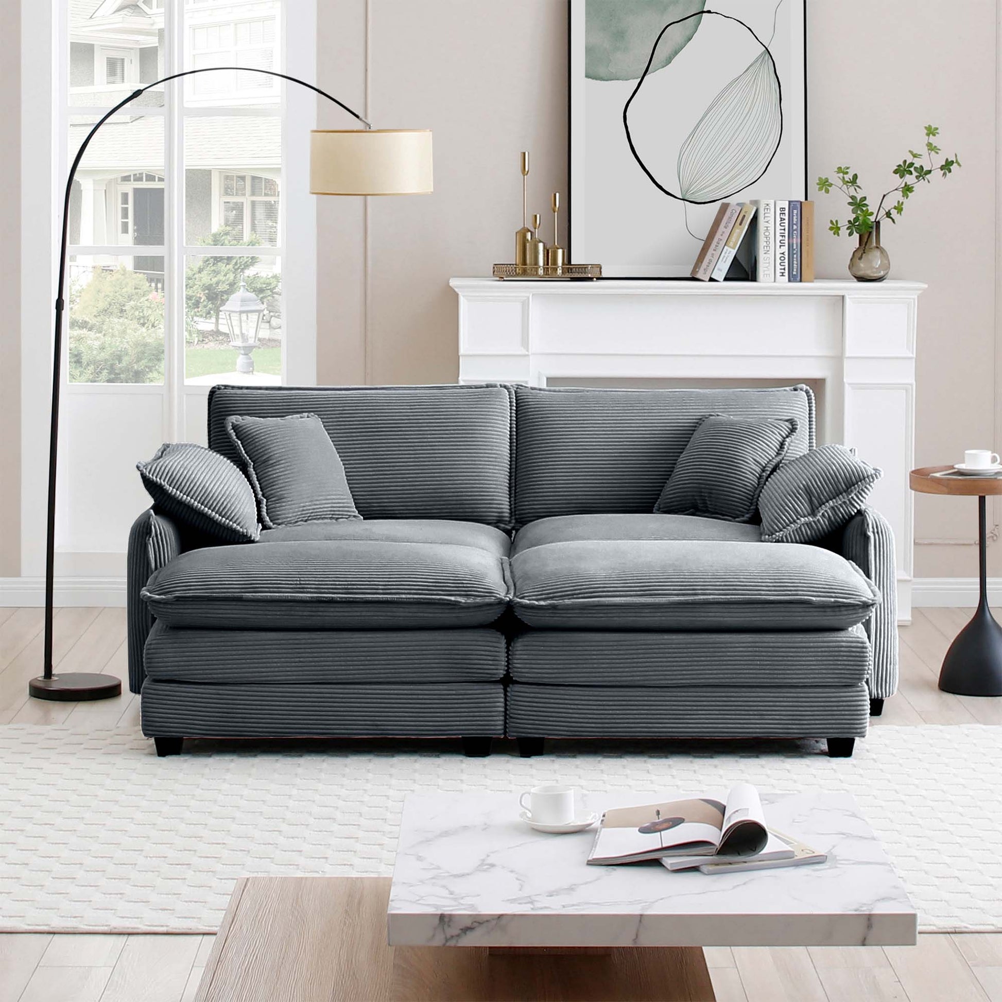 Plush gray corduroy sofa with deep cushions perfect for a modern living room