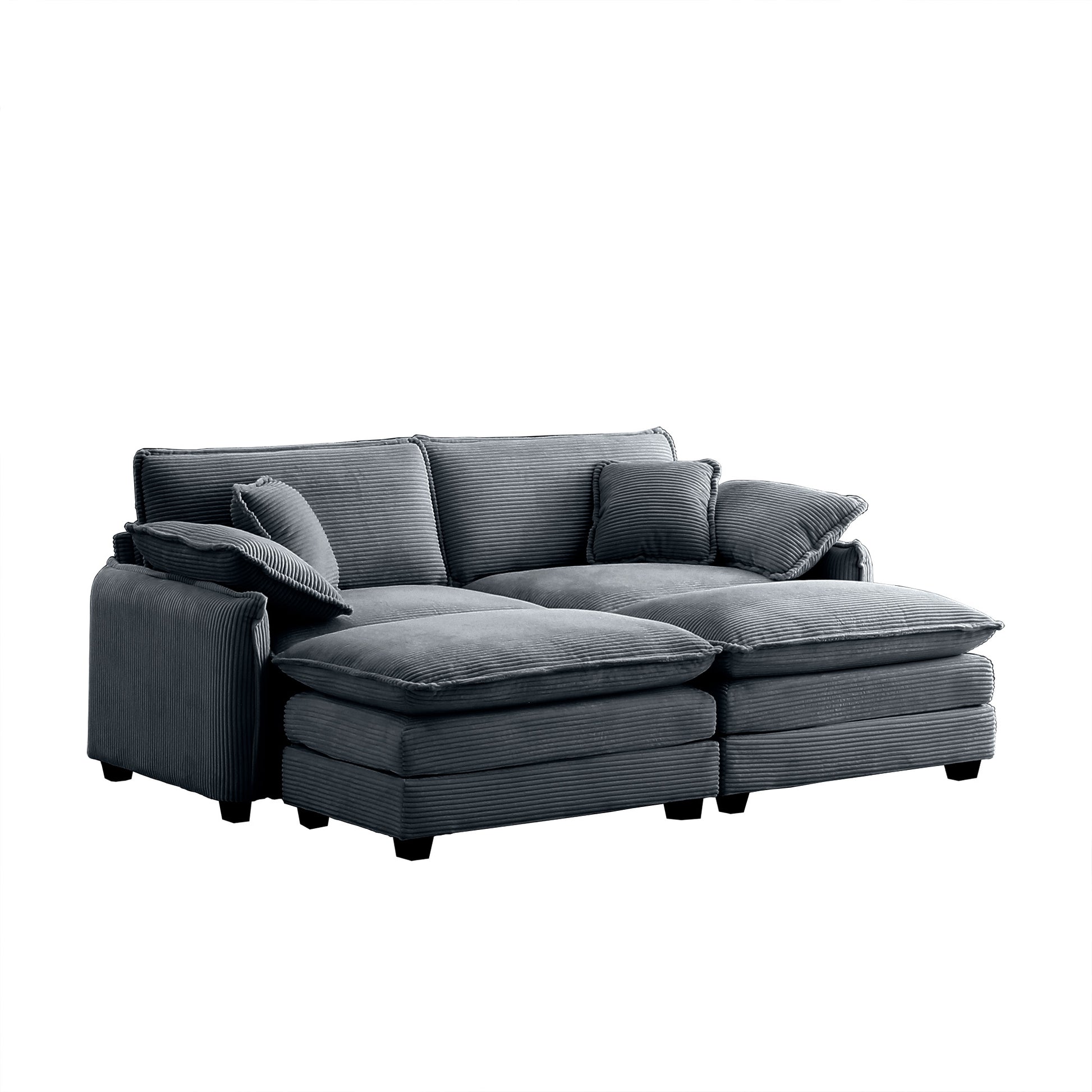 Grey corduroy sectional sofa with plush cushions and matching throw pillows