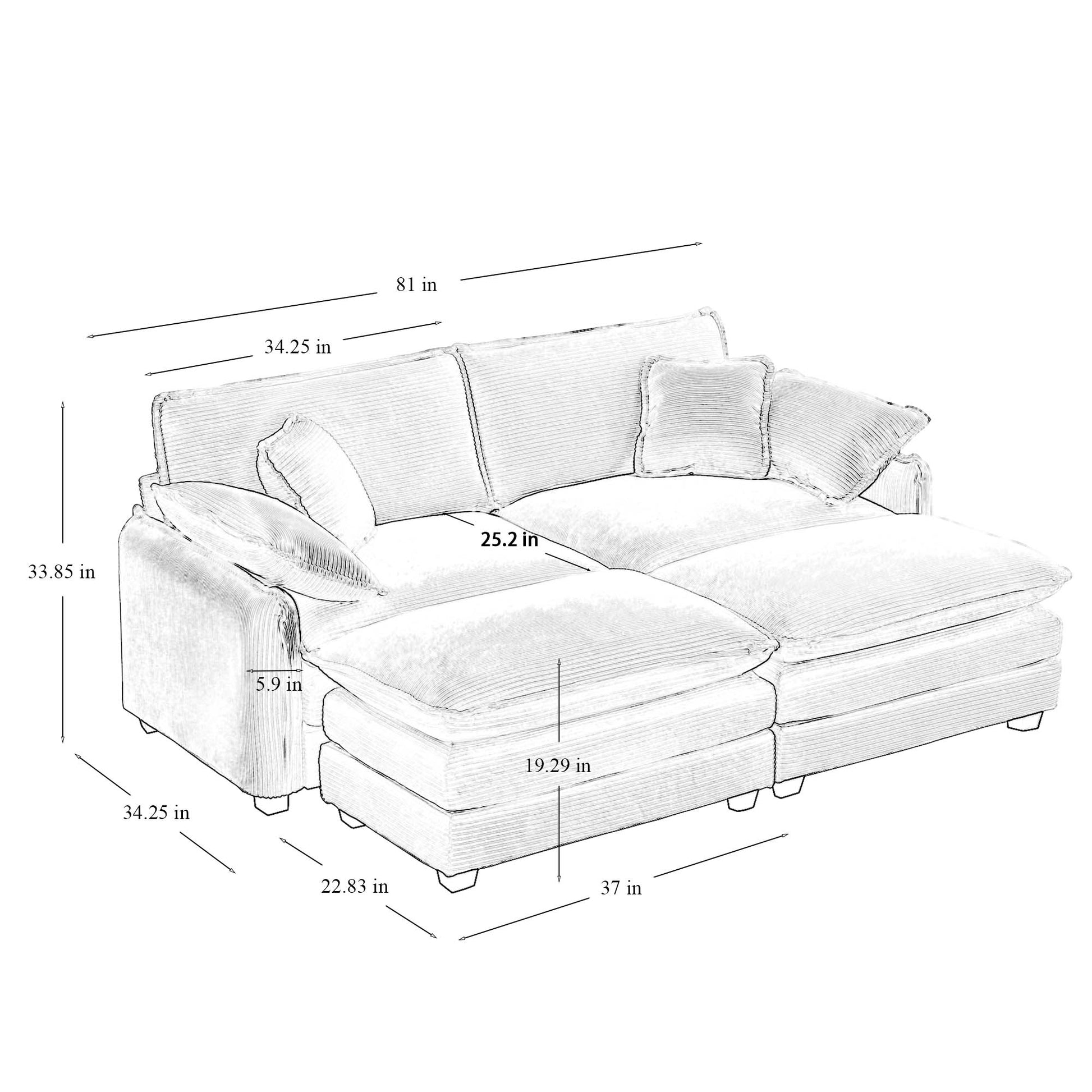 Detailed sketch of a plush corduroy sectional sofa with chaise showing dimensions