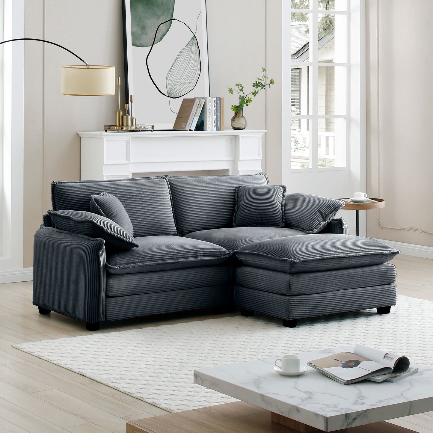 Dark gray corduroy sectional sofa with chaise plush cushions and throw pillows