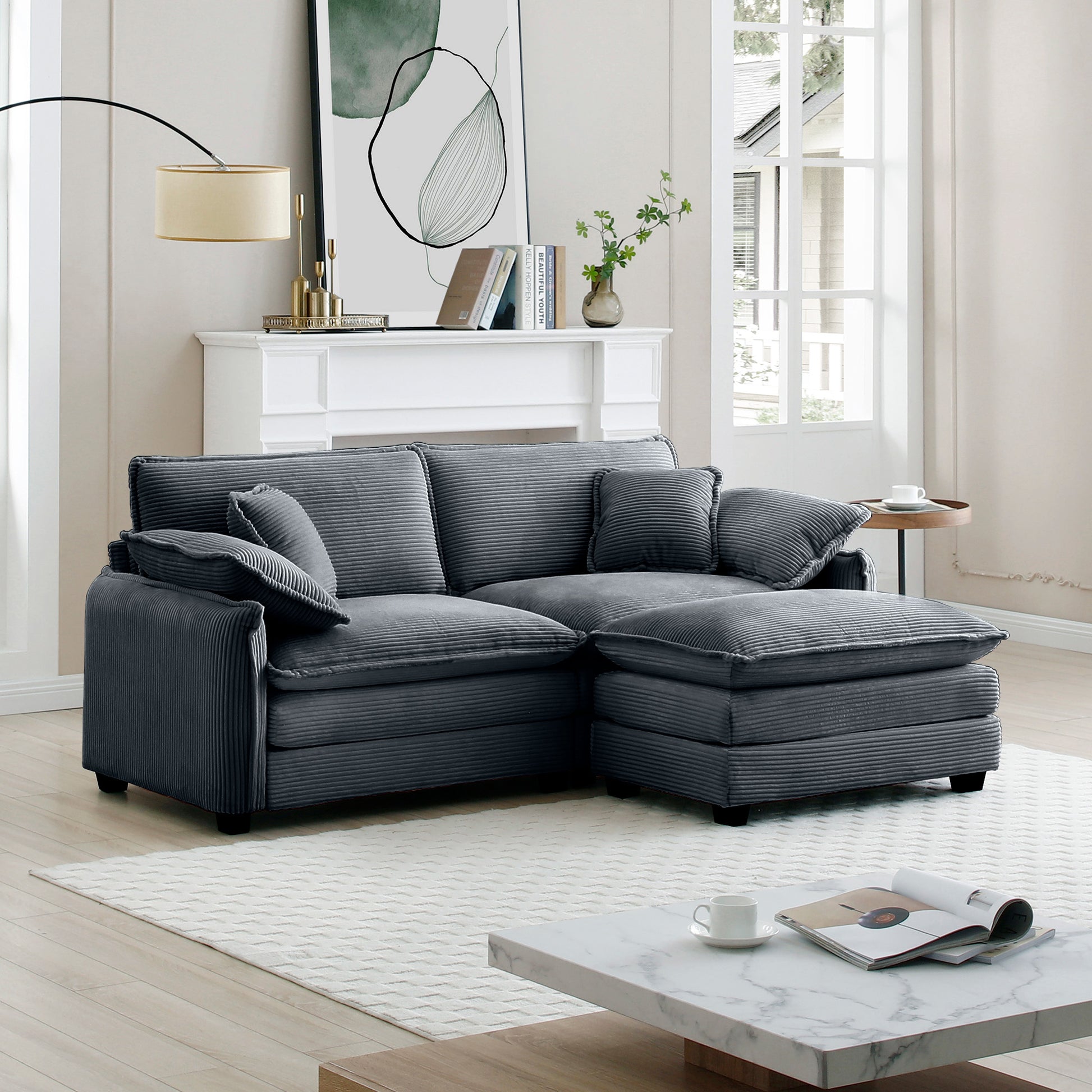 Dark gray corduroy sectional sofa with chaise plush cushions and throw pillows