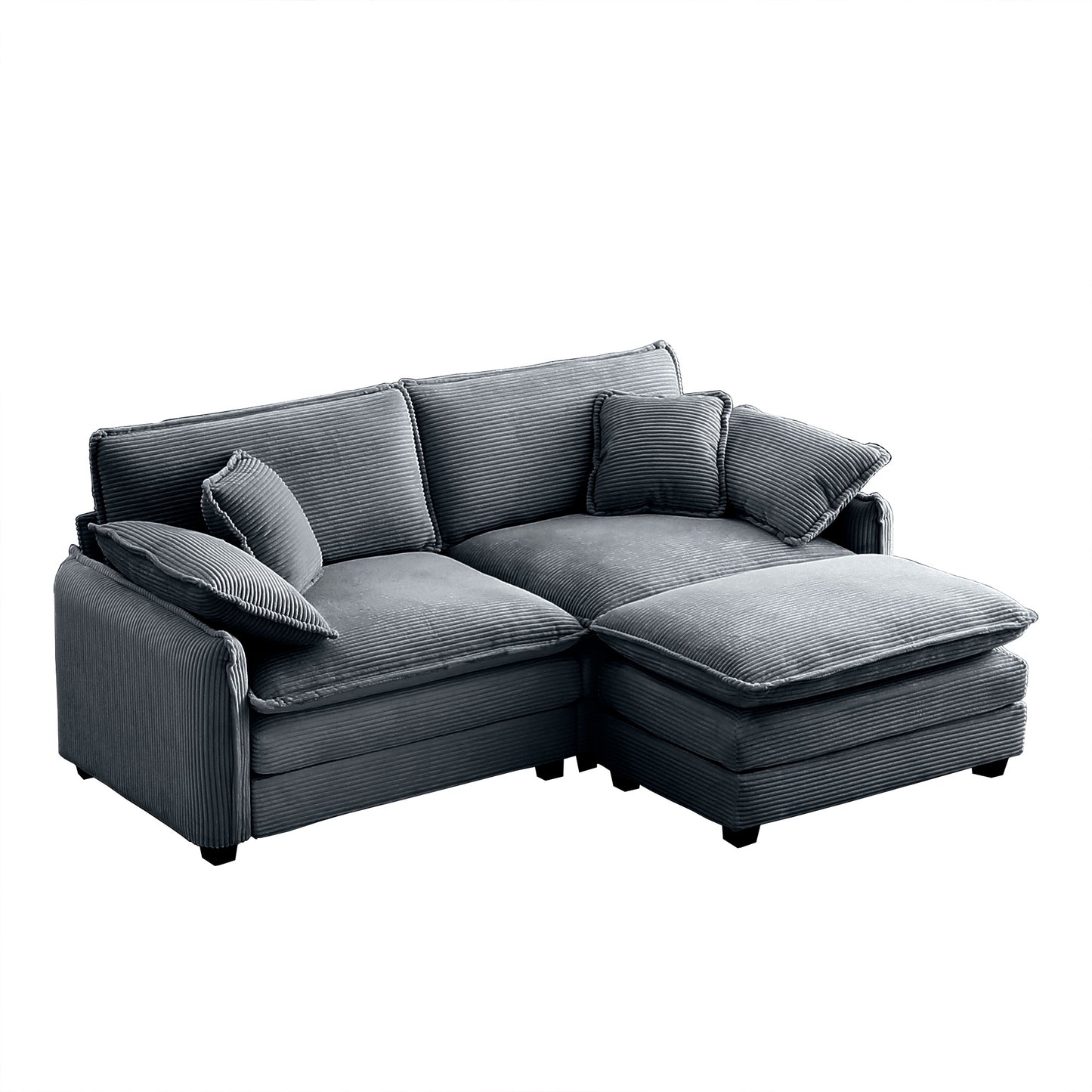 Dark grey corduroy sectional sofa with chaise lounge and pillows