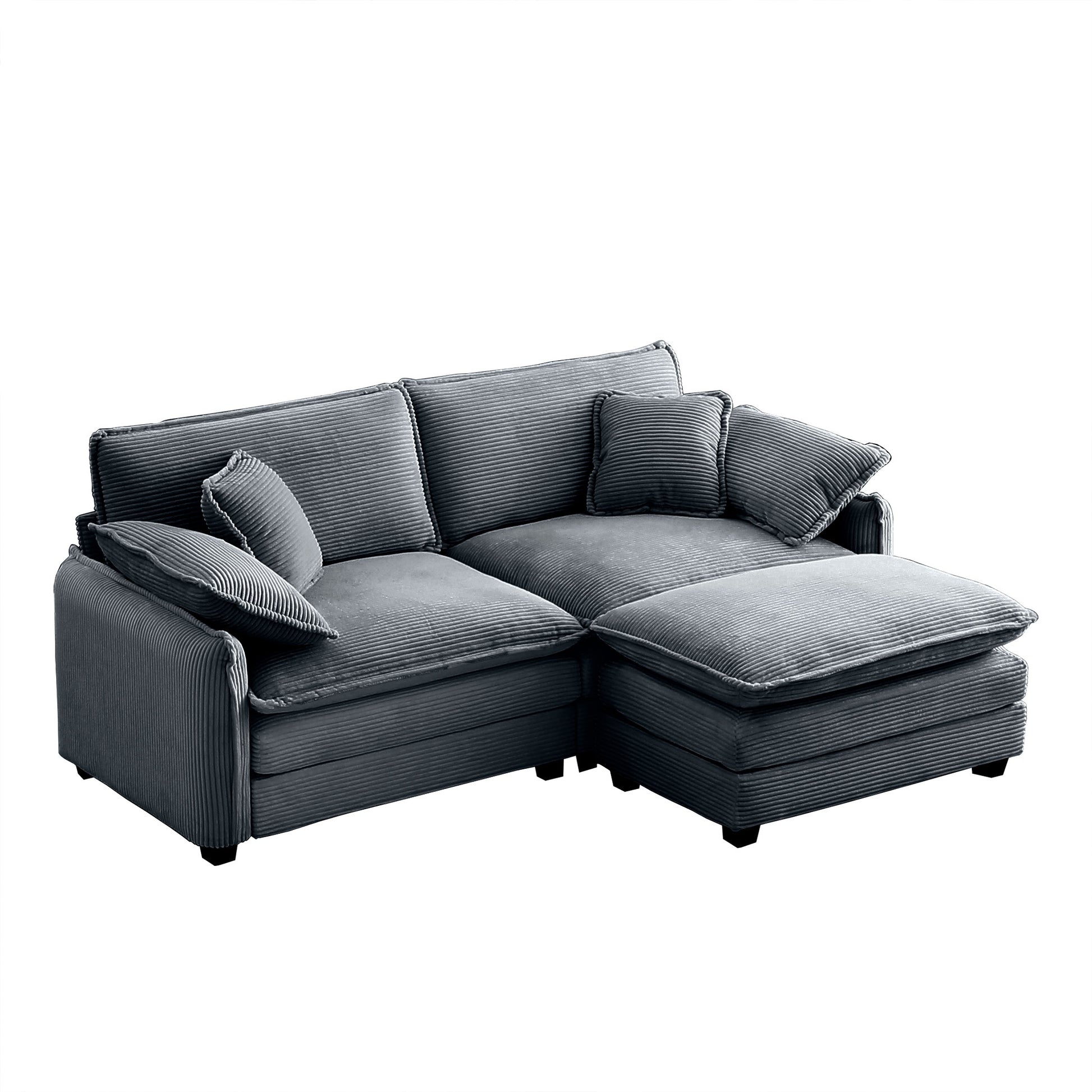 Dark grey corduroy sectional sofa with chaise lounge and pillows