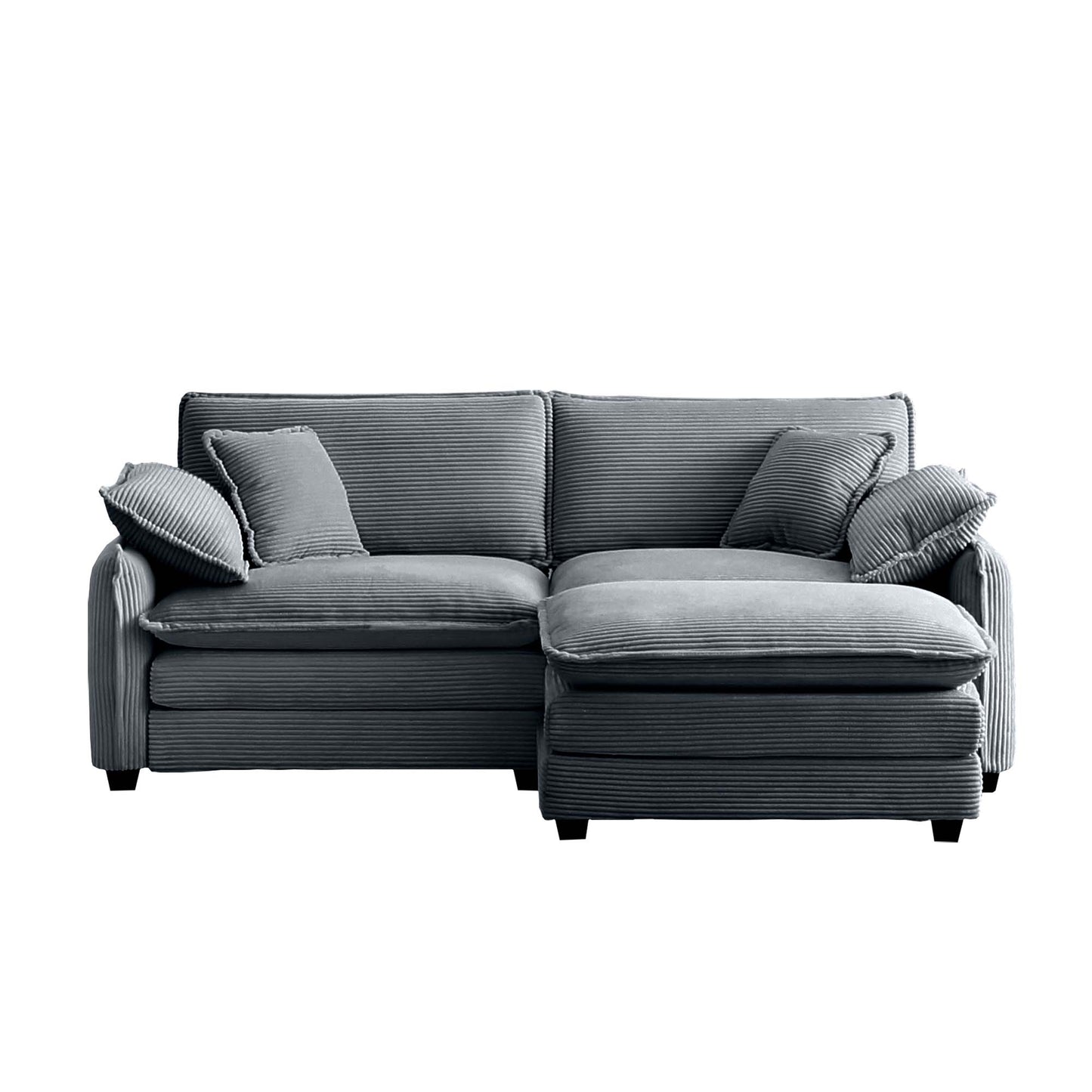 Dark gray corduroy sectional sofa with plush cushions and an ottoman