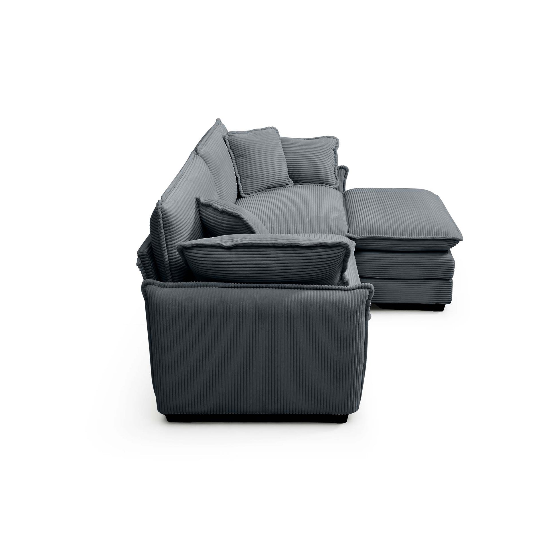 Dark grey corduroy sectional sofa with plush cushions for a cozy living room