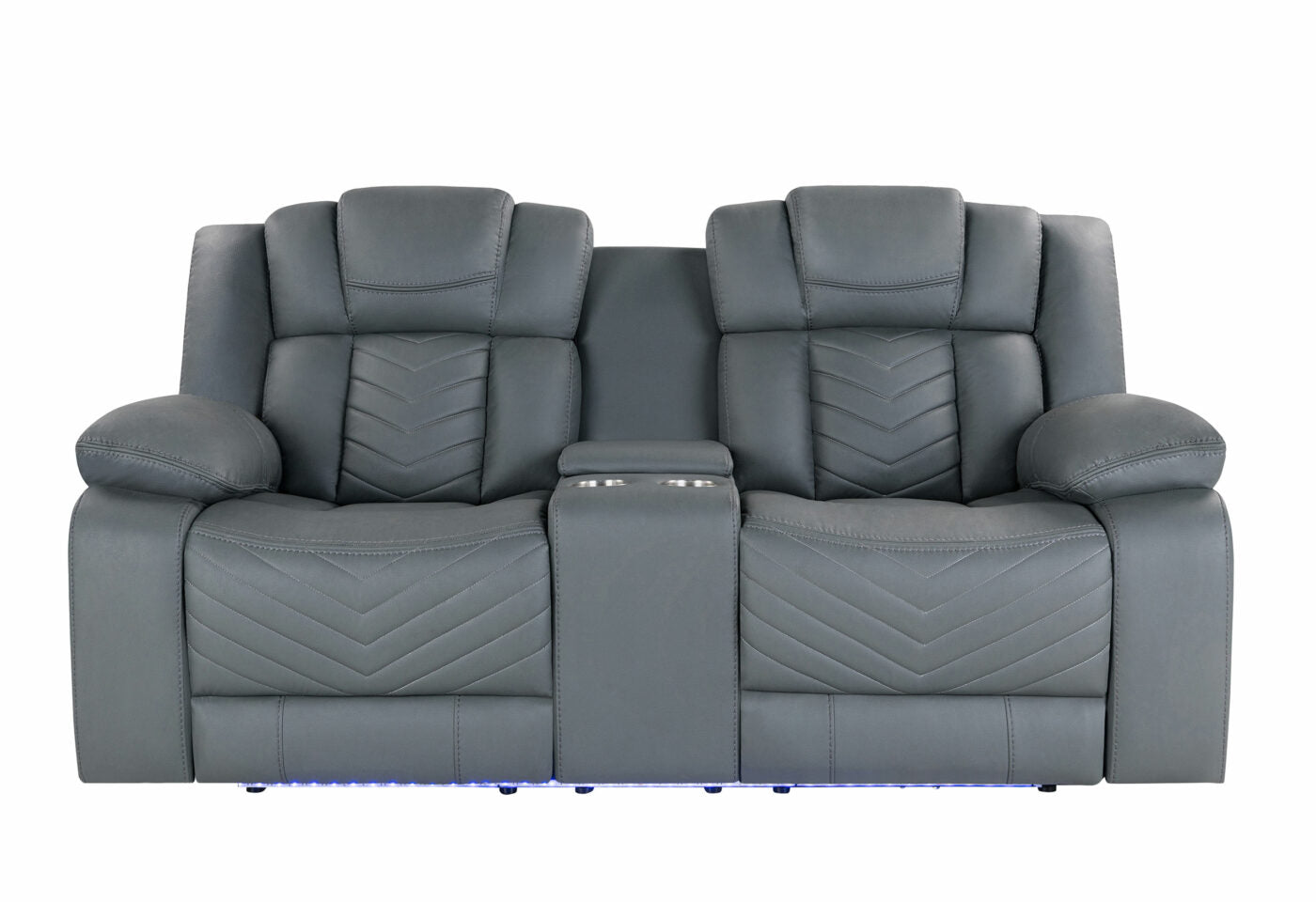 Gray faux leather loveseat recliner with chevron stitching and cup holders