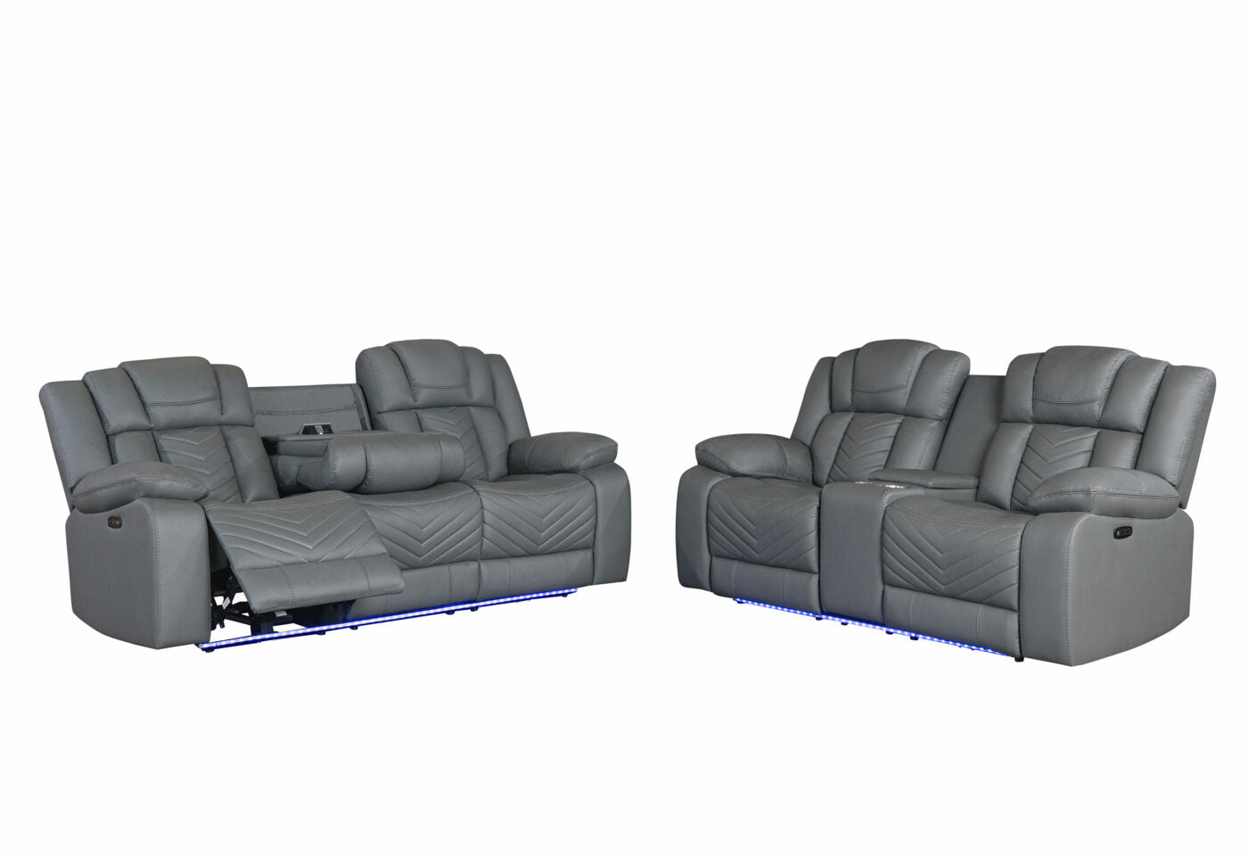 Gray leather reclining sofa with builtin cup holders for ultimate comfort
