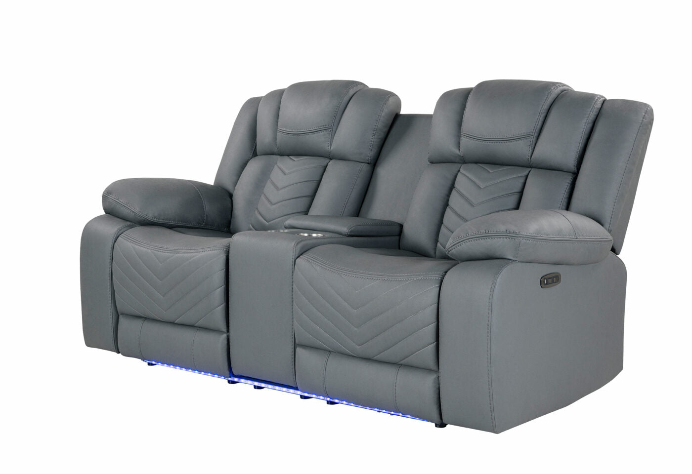 Gray leather reclining loveseat with chevron stitching and LED base lights