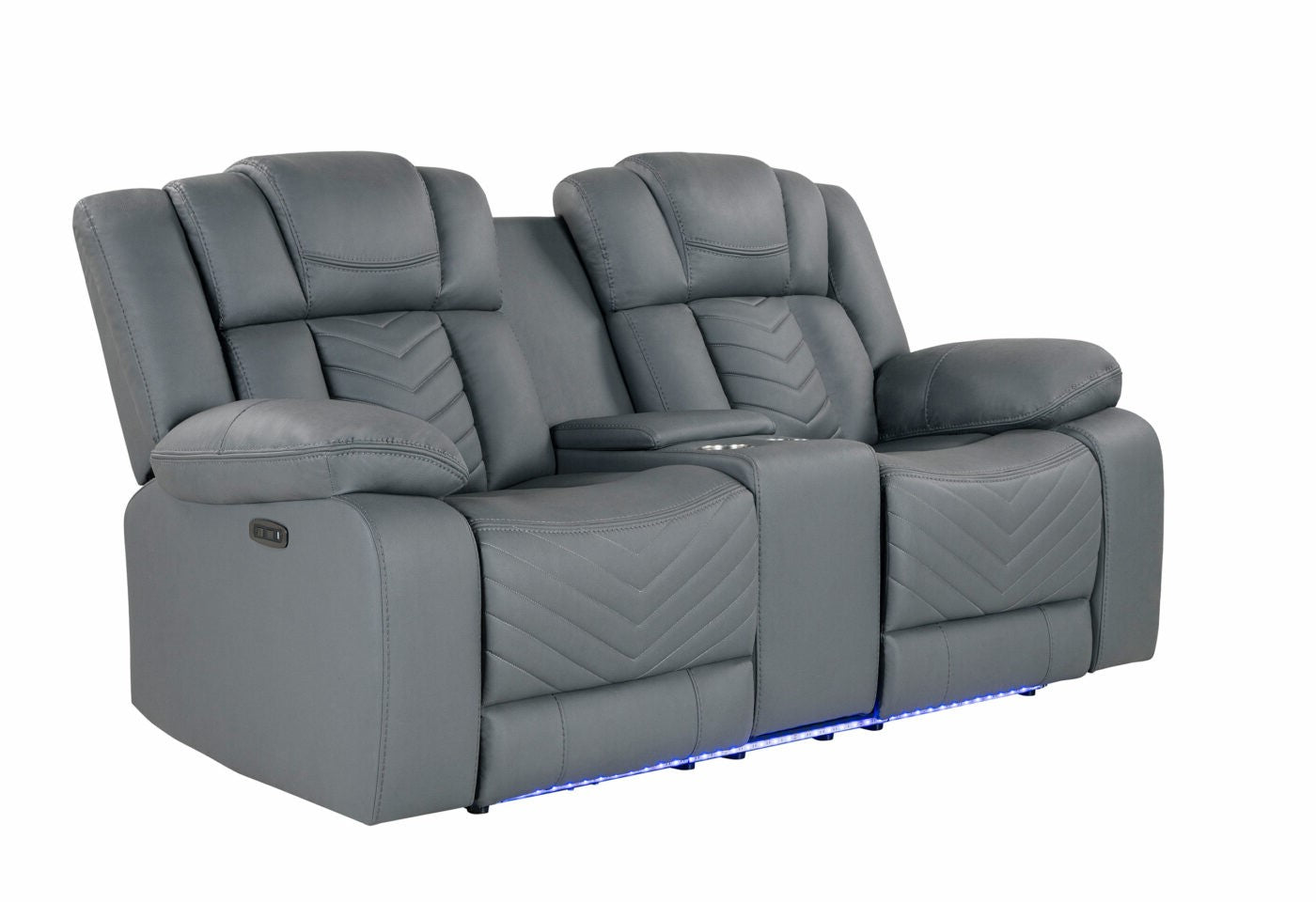 Gray reclining loveseat with diamond stitching detail and LED ambient lighting