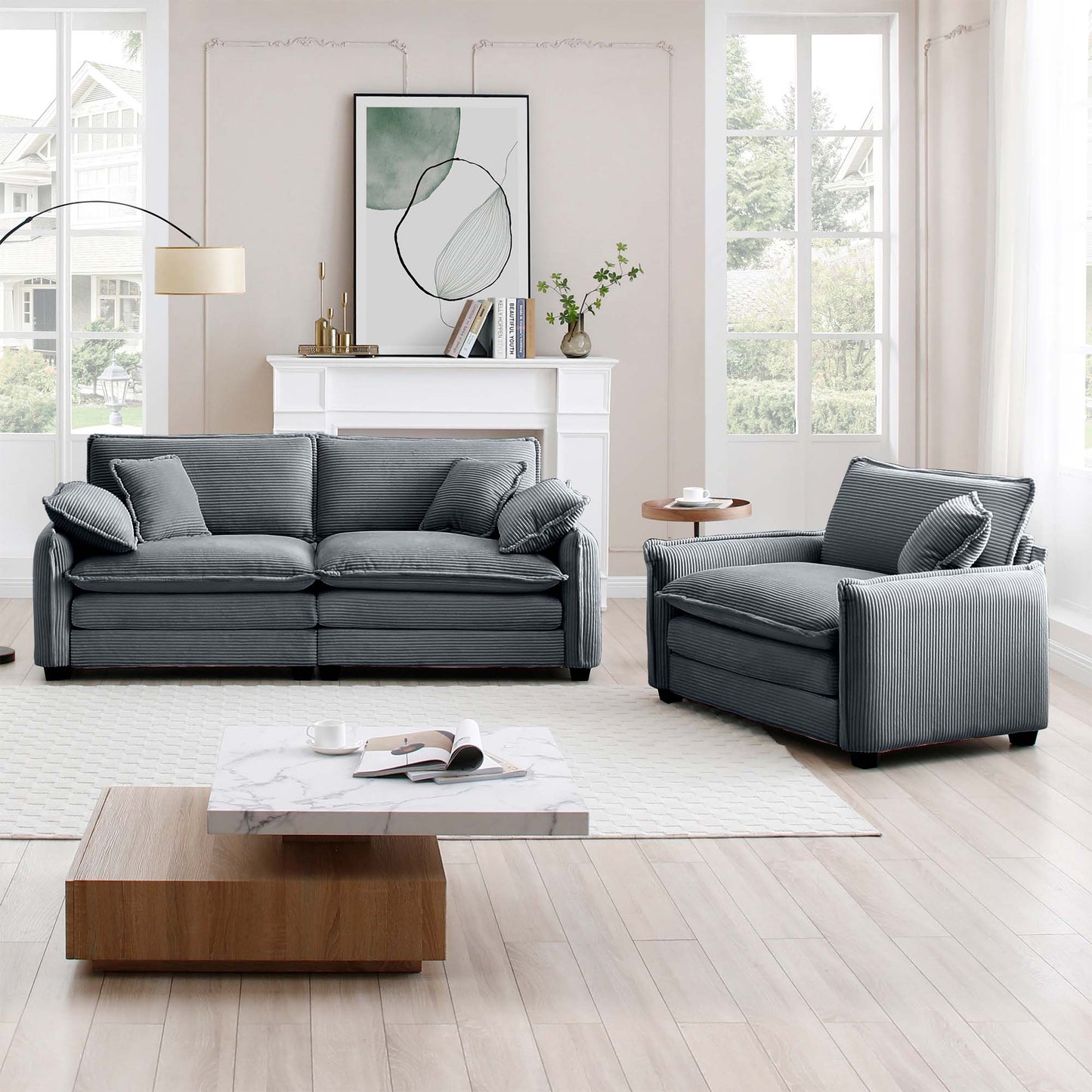 Gray corduroy fabric sofa with plush cushions a modern living room accent piece