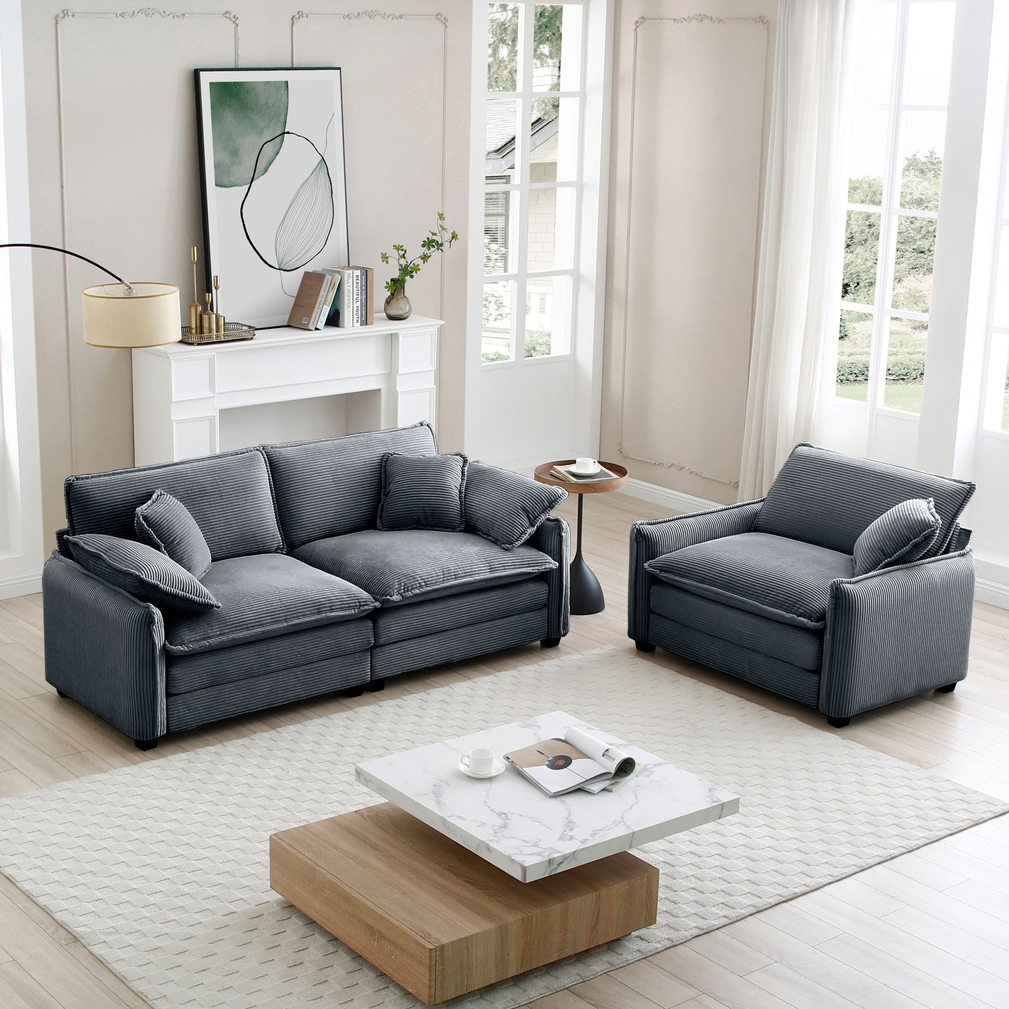 Dark gray corduroy seater sofa with plush cushions and throw pillows modern living room furniture