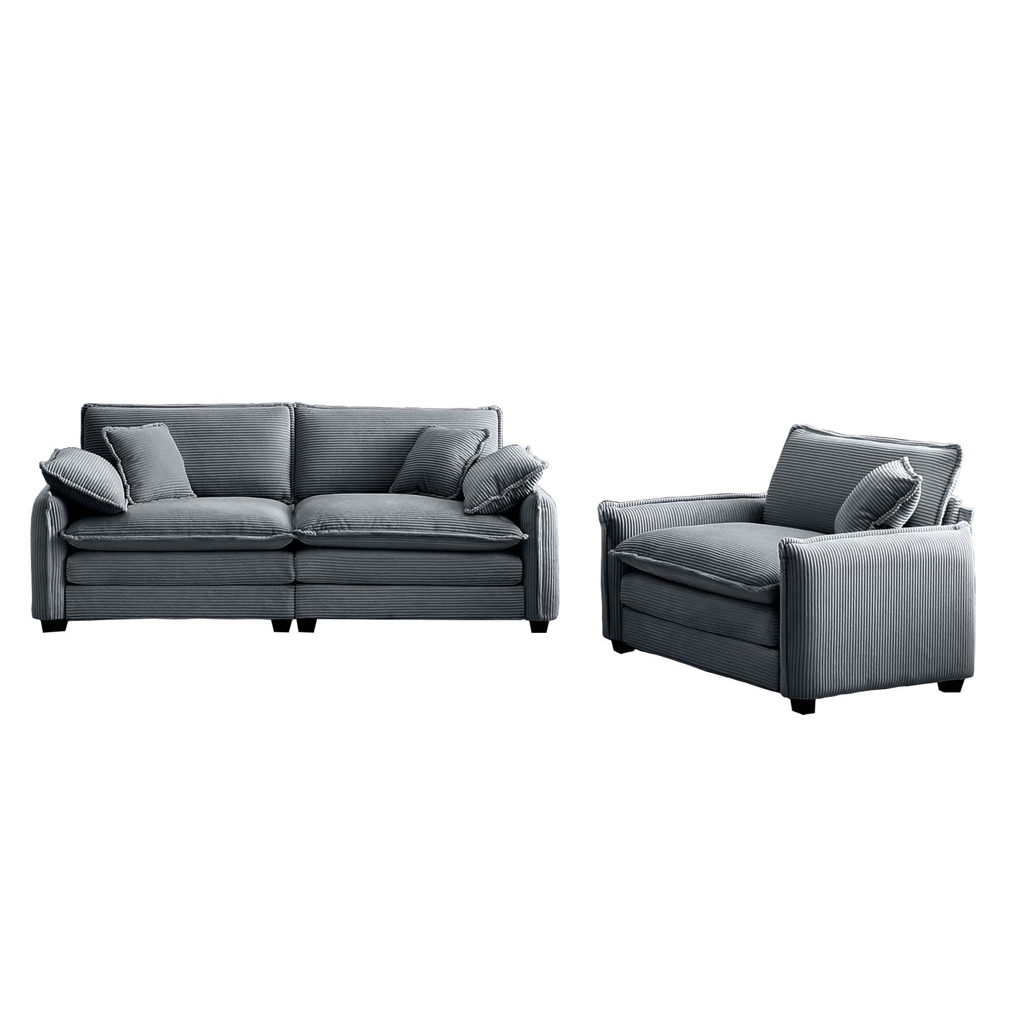 Grey corduroy sofa and armchair set with plush cushions