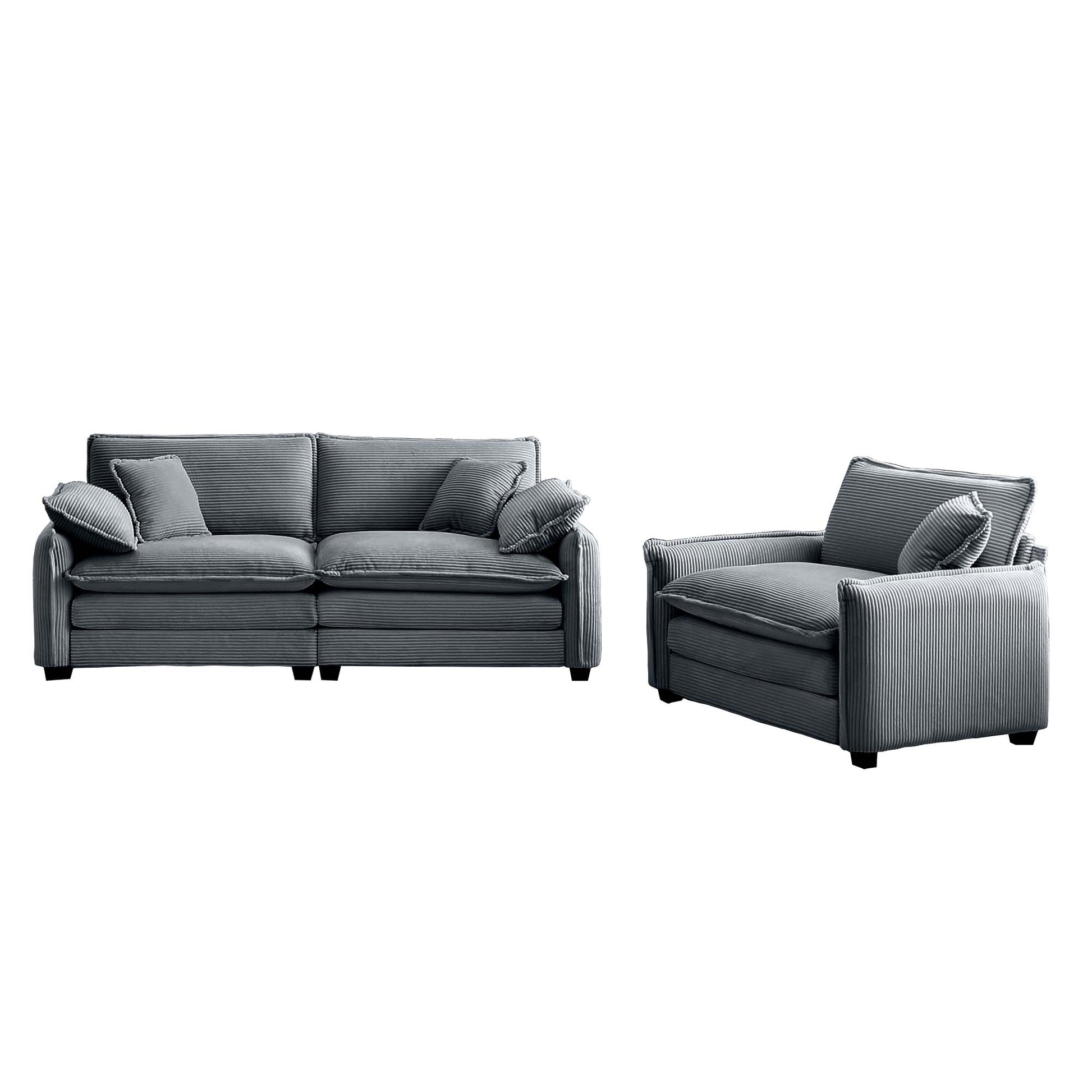 Grey corduroy sofa and armchair set with plush cushions